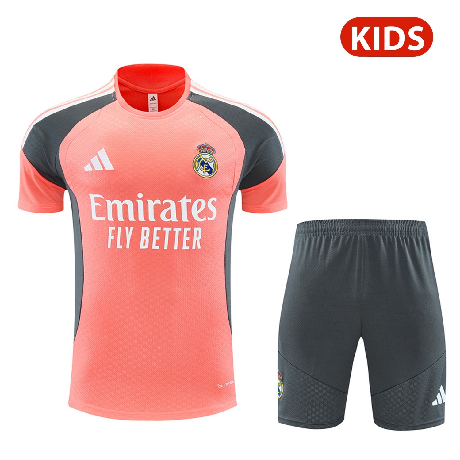 Real Madrid 26-27 Kids Short-Sleeve Training Set - Pink Top & Deep Grey Shorts - JerseysGala