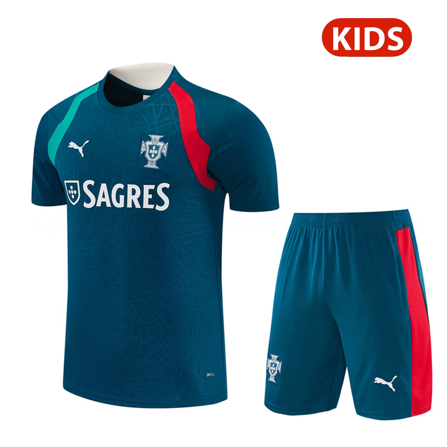 Portugal 2026 Kids Short-Sleeve Training Set - Dark Teal With Red And Light Teal Accents Top & Colors Pants - JerseysGala