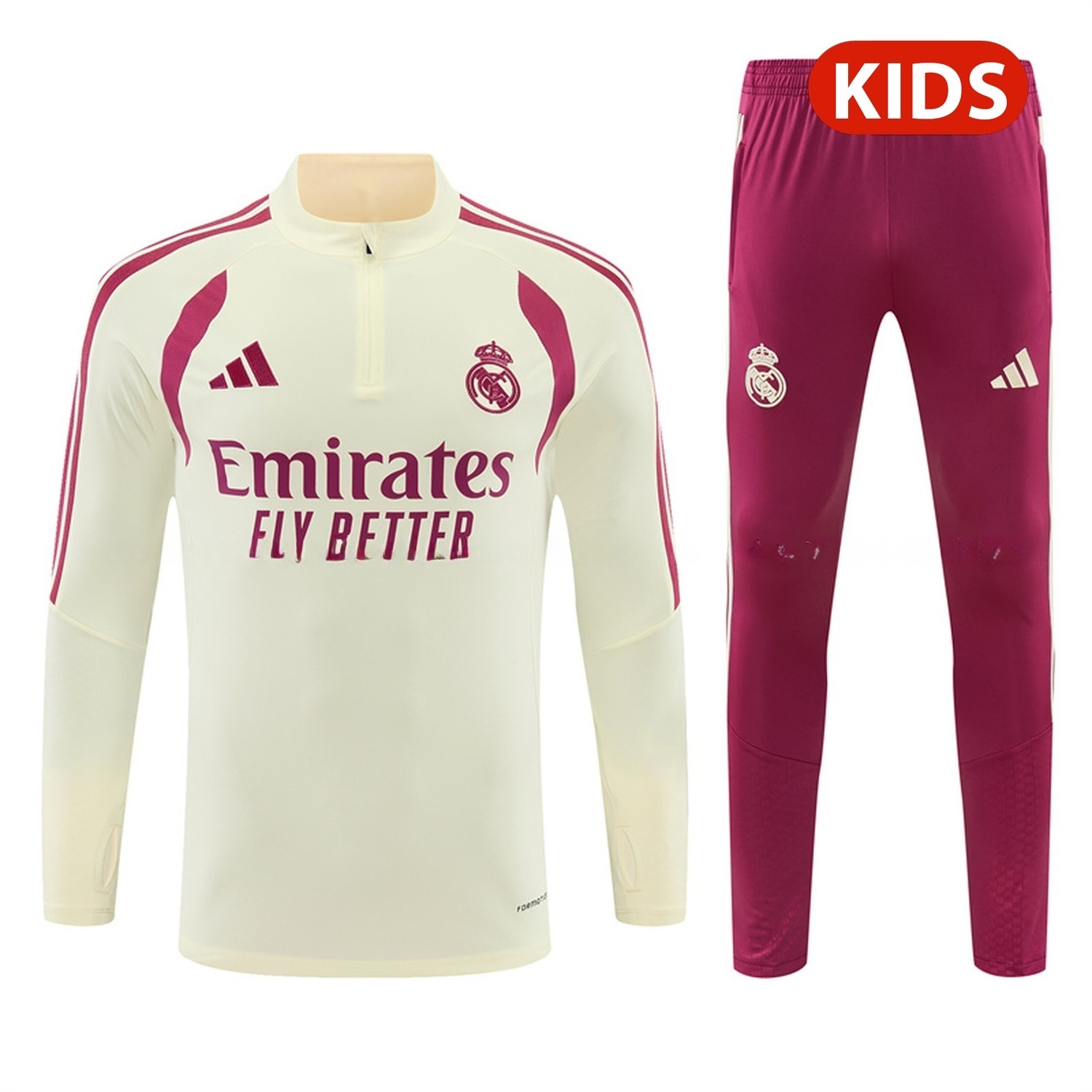 Real Madrid 26-27 Kids Long Sleeve Training Set - Cream Top & Rose Red Pants - JerseysGala