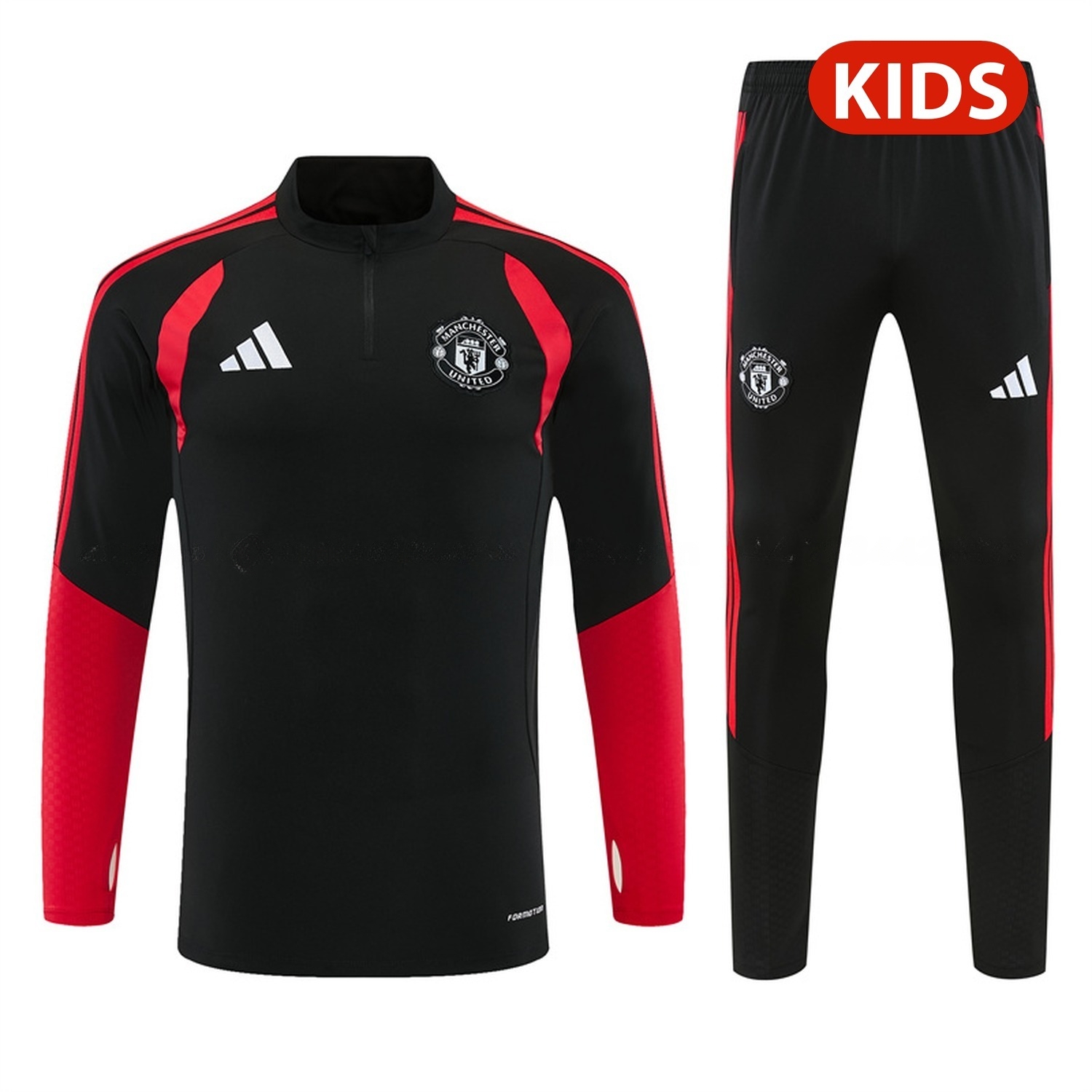 Manchester United 26-27 With Red Kids Long Sleeve Training Set - Black Top & Black Pants - JerseysGala
