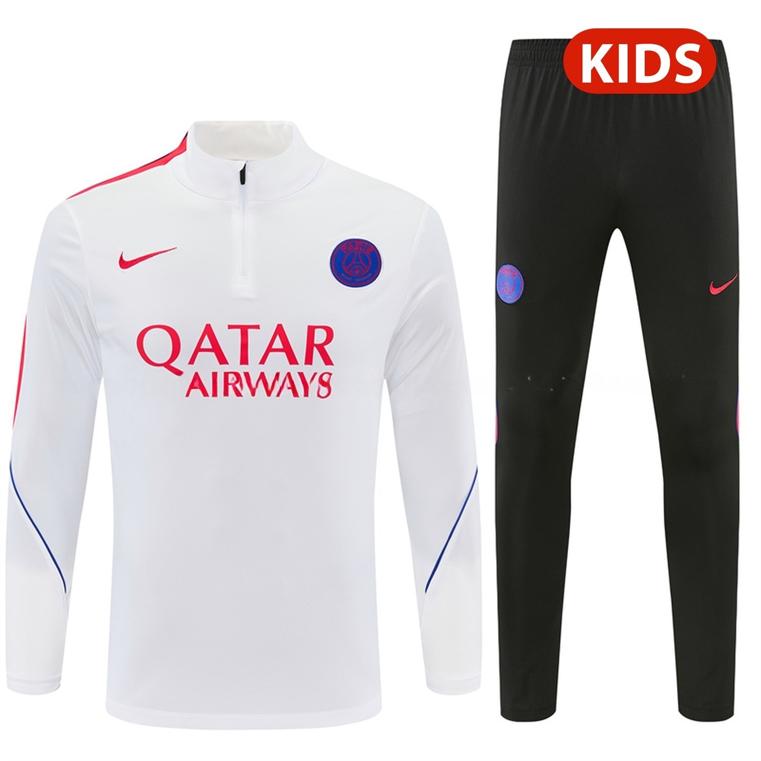 Paris Saint-Germain PSG 26-27 Kids Long Sleeve Training Set - White Top & Black Pants - JerseysGala