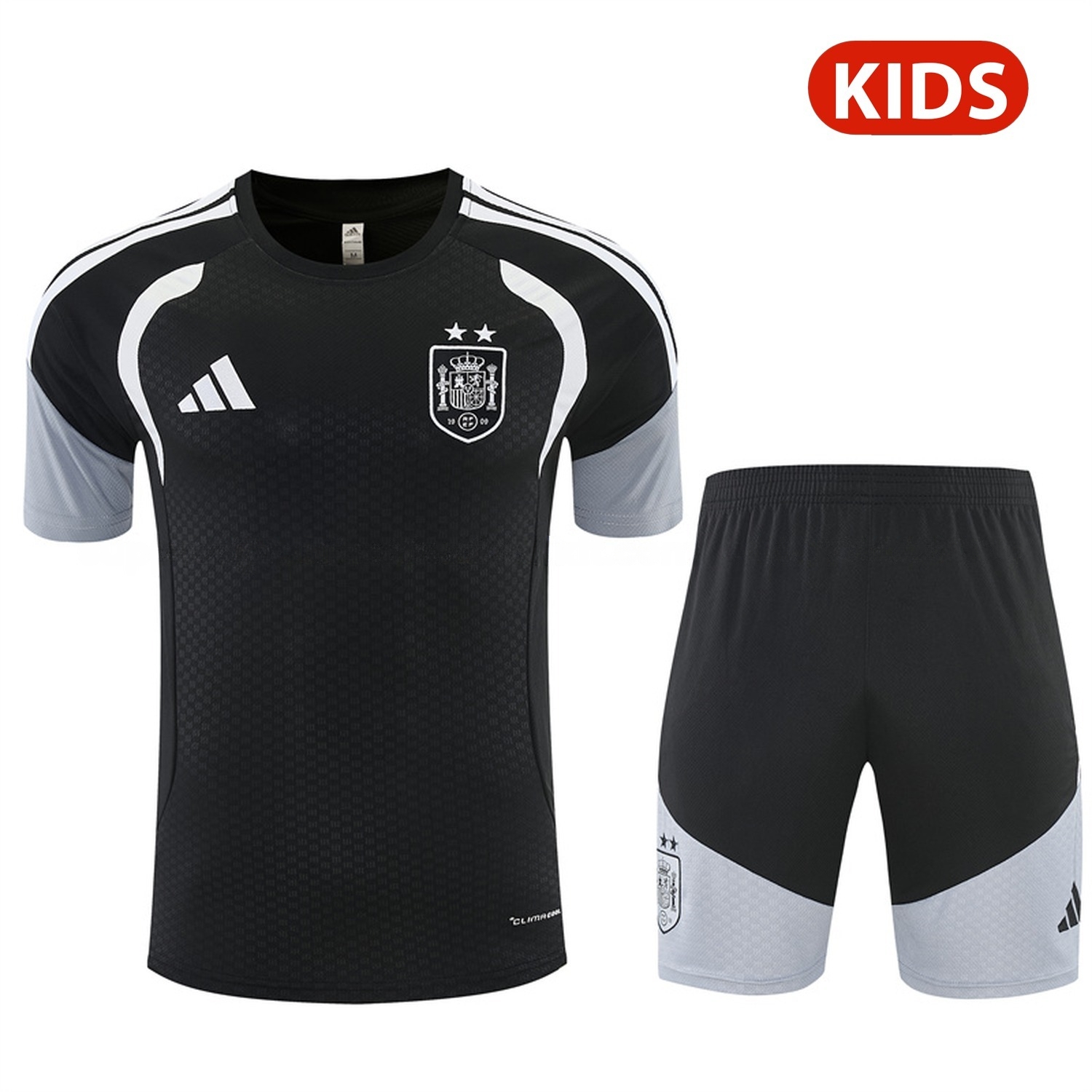 Spain 2026 Two Stars Kids Short-Sleeve Training Set - Black Top & Black Shorts - JerseysGala