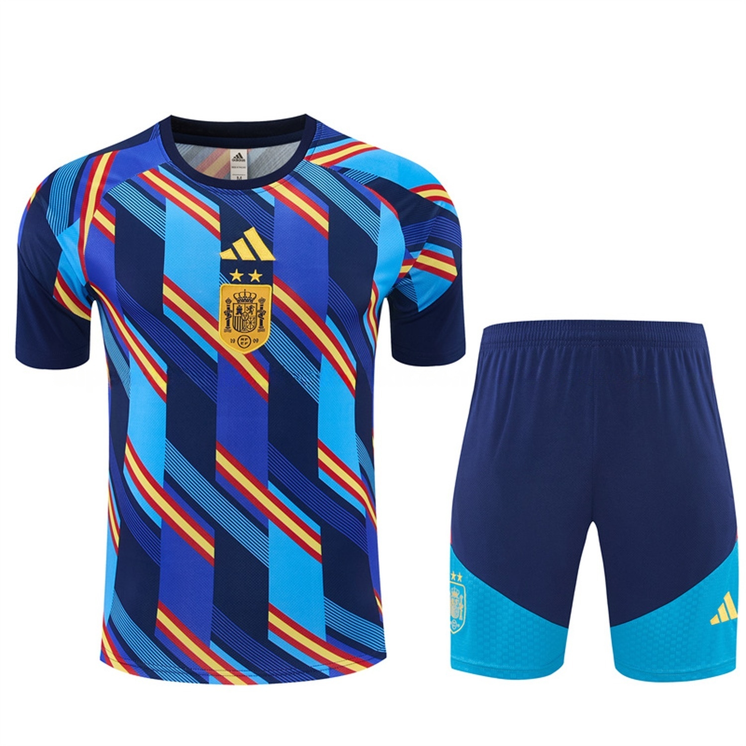 Spain 2026 Stripes Short-Sleeve Training Set - Blue Top & Deep Blue Shorts - JerseysGala