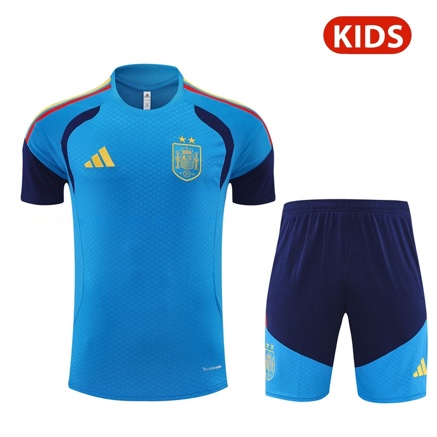 Spain 2026 Kids Short-Sleeve Training Set - Lake Blue Top & Deep Blue Shorts - JerseysGala