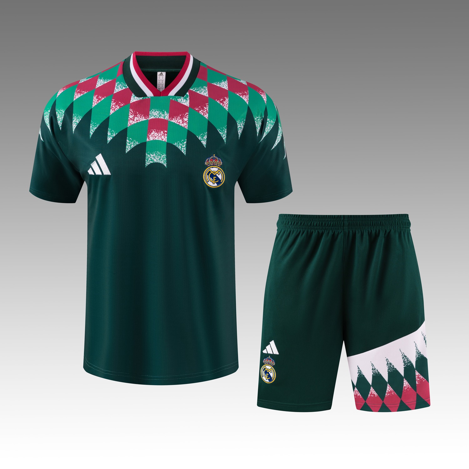 Real Madrid 26-27 Retro Style Short-Sleeve Training Set - Dark Green Top & Dark Green Shorts - JerseysGala