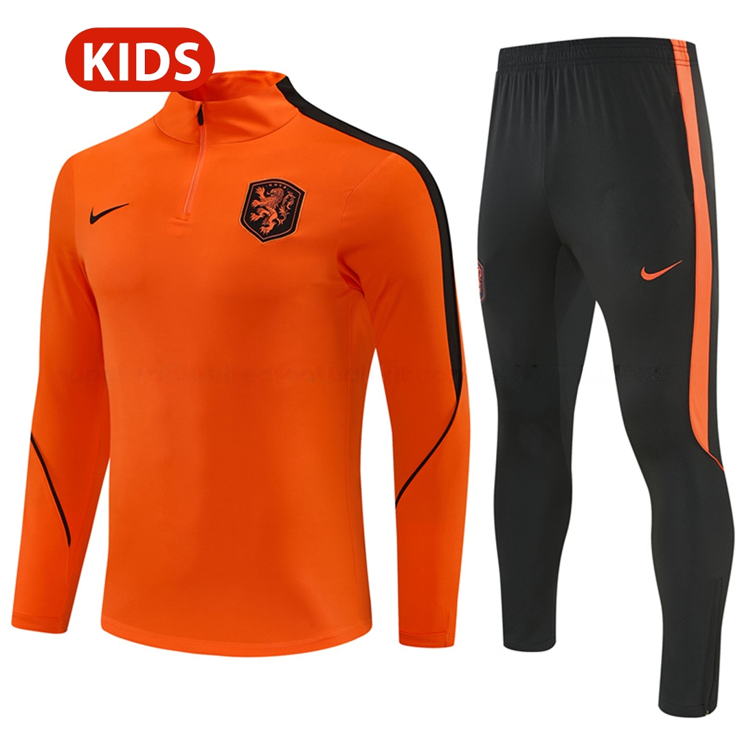 Netherlands 2026 Kids Long Sleeves Training Set - Orange With Black Accents Top & Blue Pants - JerseysGala