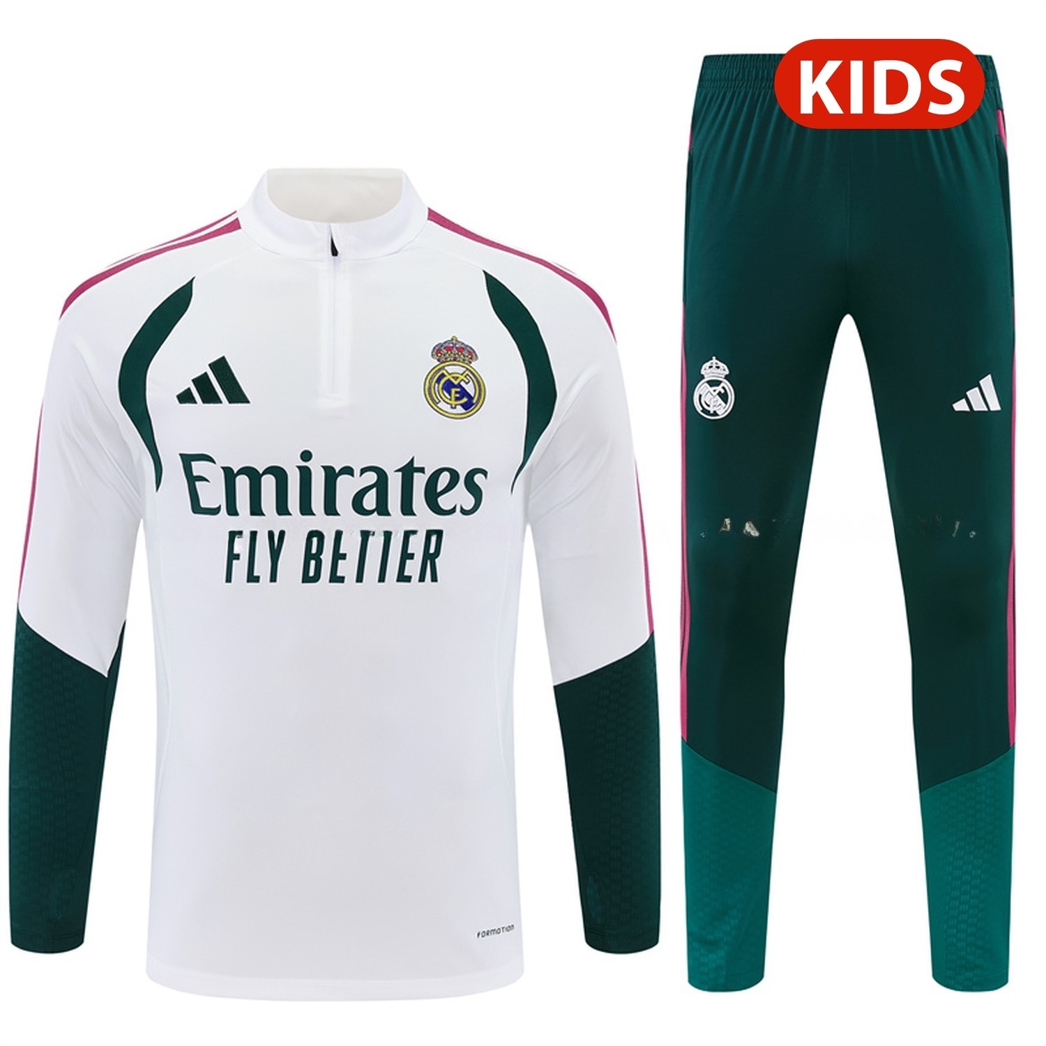 Real Madrid 26-27 Kids Long Sleeve Training Set - White Top & Dark Green Pants - JerseysGala