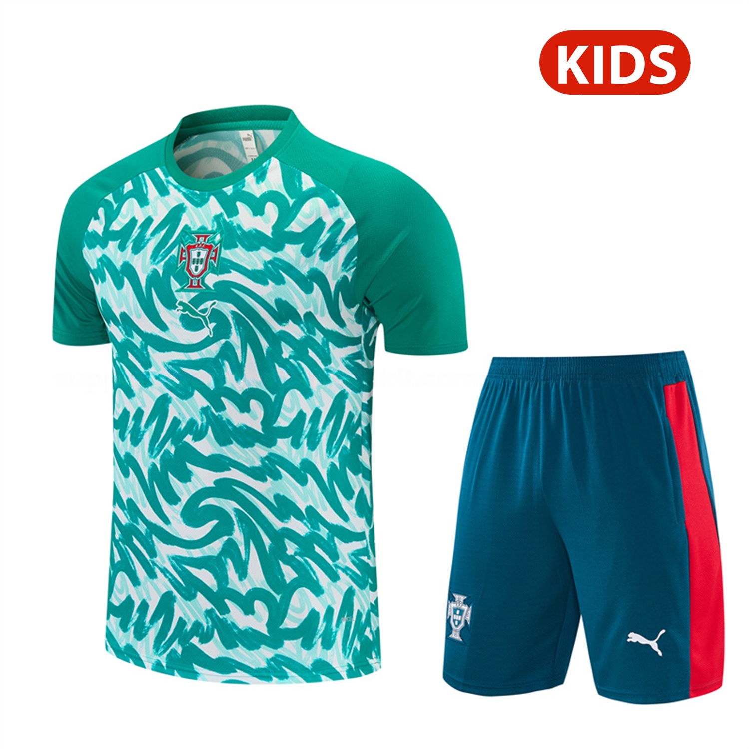 Portugal 2026 Kids Short-Sleeve Training Set - Colors Top & Dark Teal Blue With A Red Stripe On The Side Pants - JerseysGala