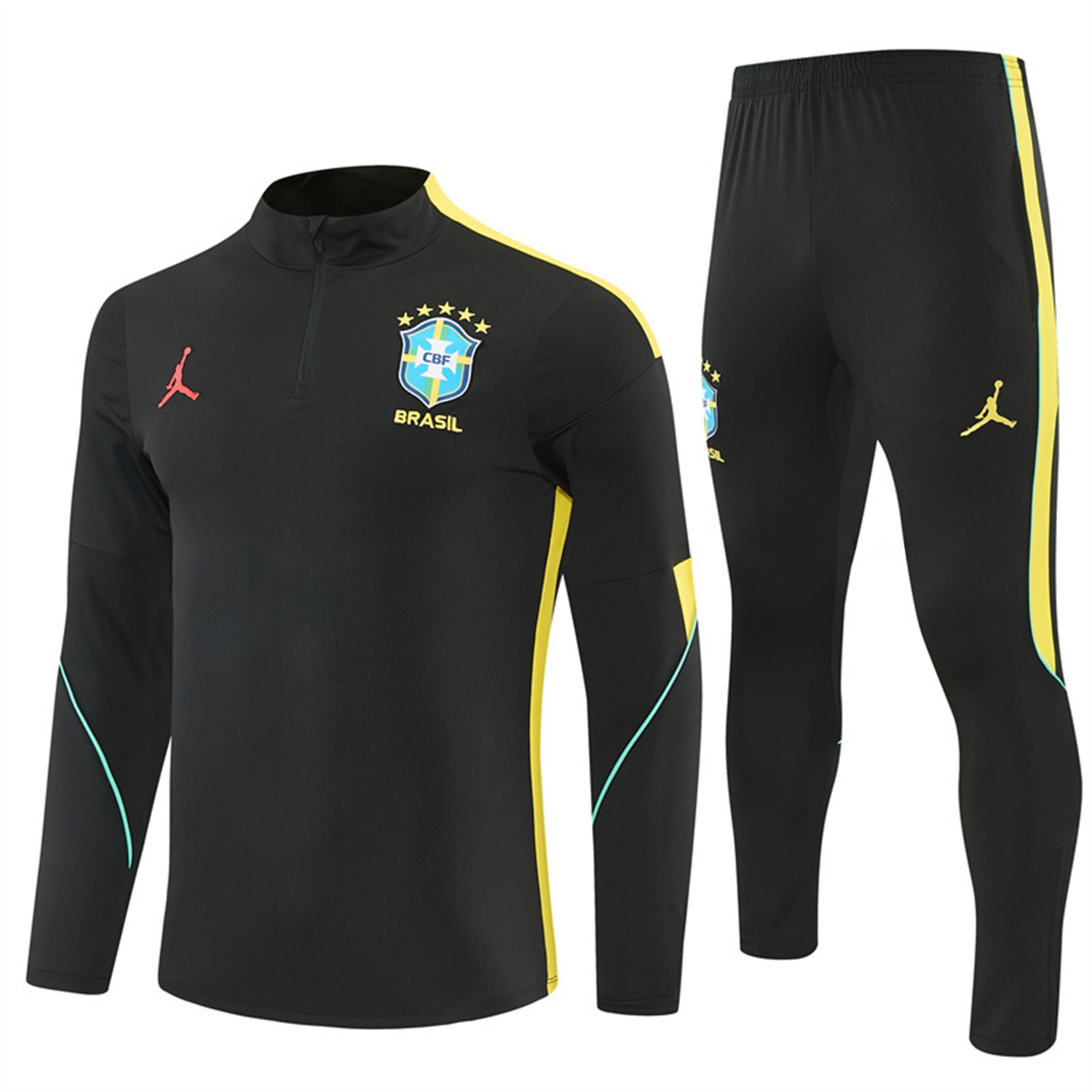 Brazil X JD 2026 Long Sleeves Training Set - Black Top And Black Yellow Pants - JerseysGala