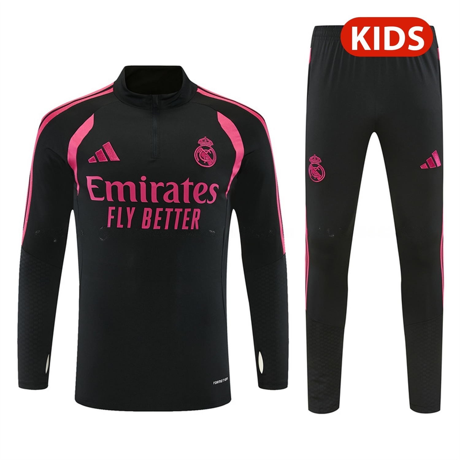 Real Madrid 26-27 With Rose Red Kids Long Sleeve Training Set - Black Top & Black Pants - JerseysGala
