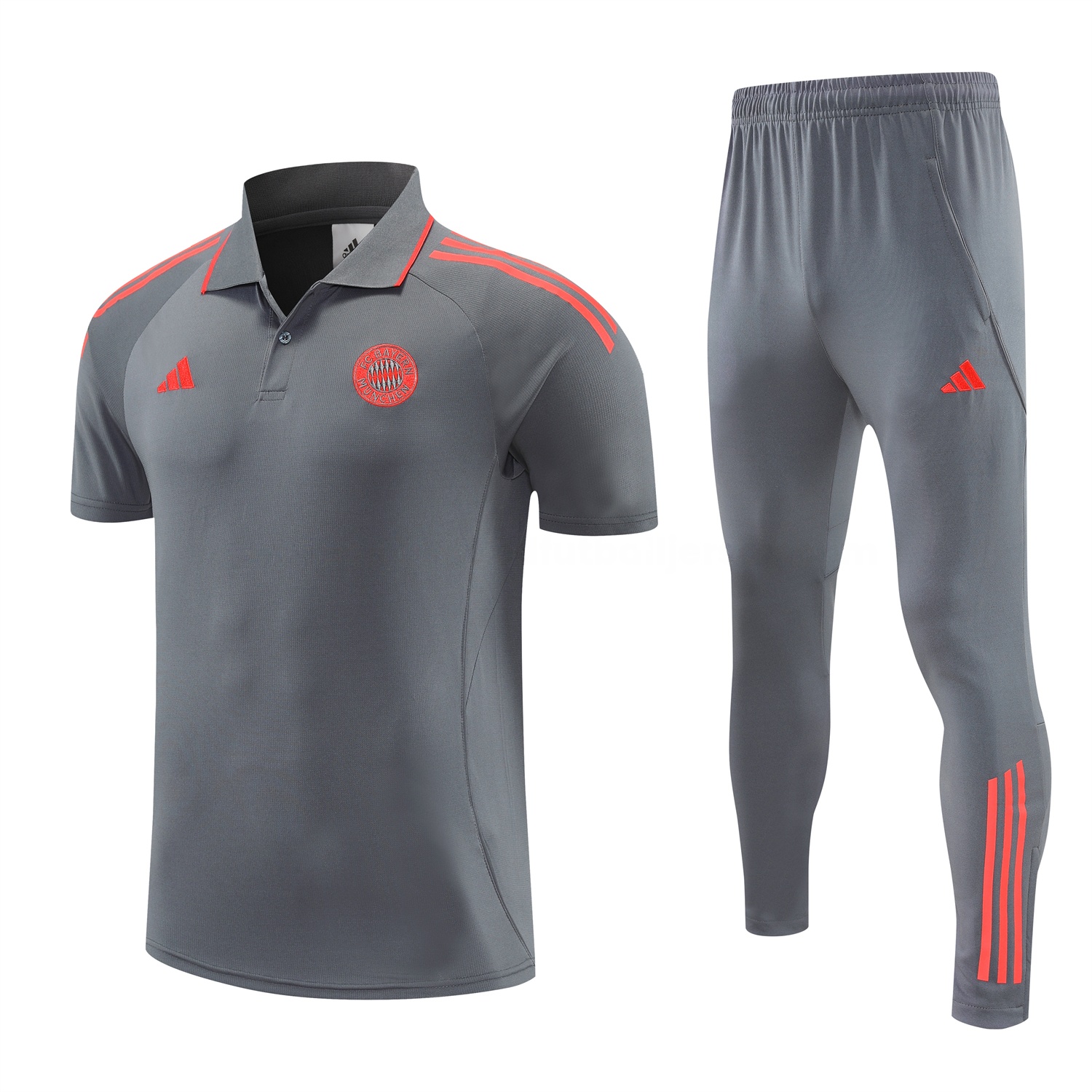 Bayern Munich 25-26 POLO Short-Sleeve Training Set - Deep Grey With Red Top and Pants - JerseysGala