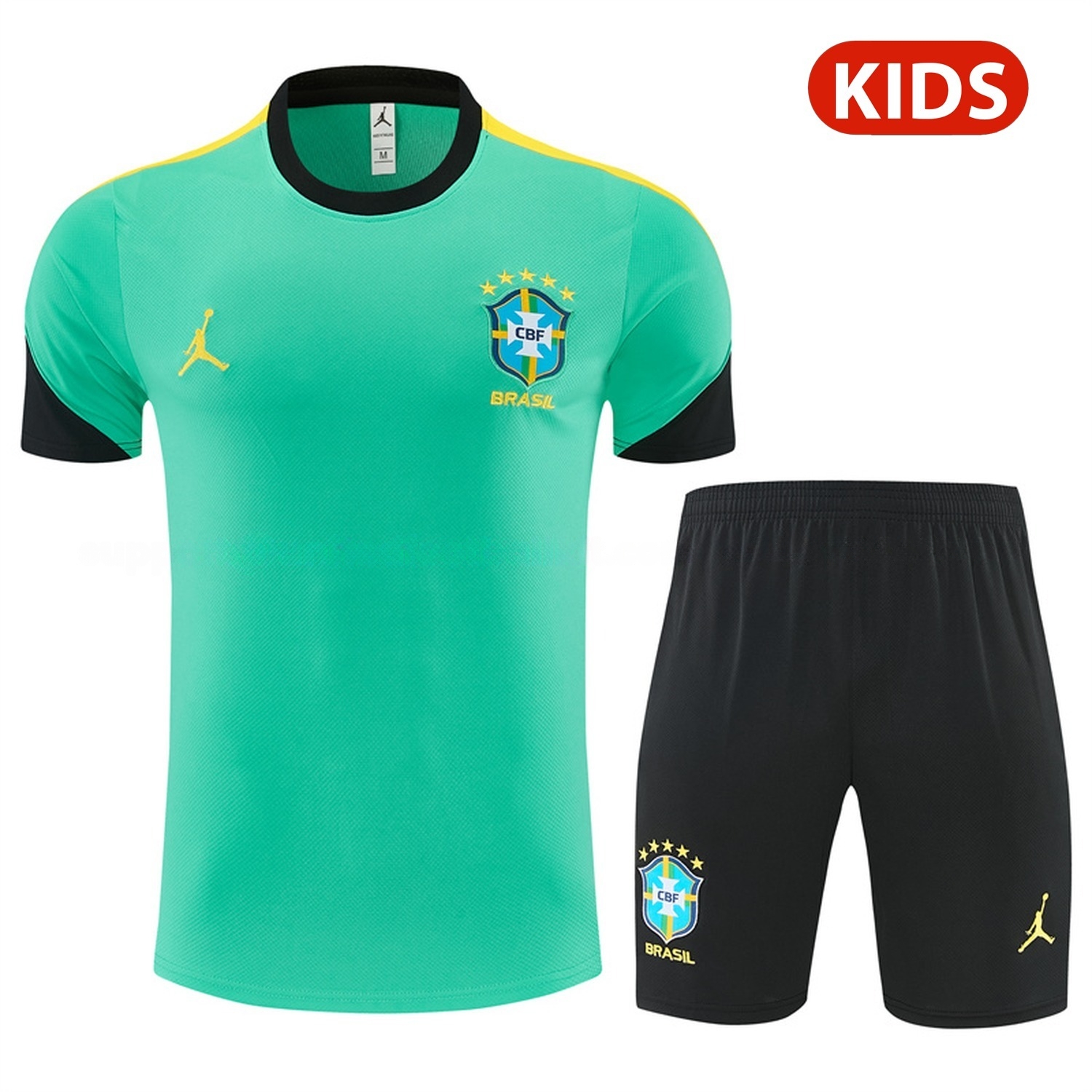 Brazil 2026 Kids Short-Sleeve Training Set - Light Green Top & Black Shorts - JerseysGala