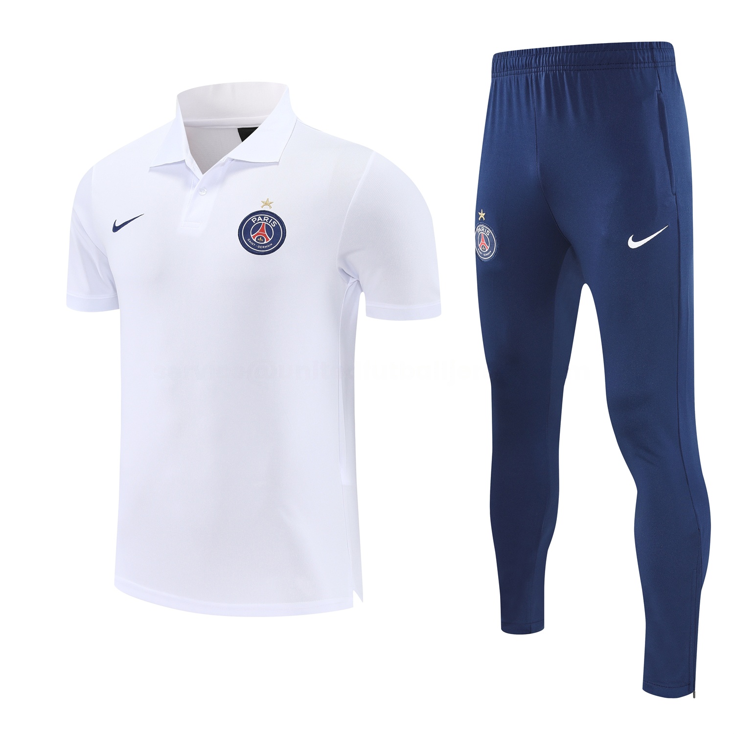 Paris Saint-Germain PSG 25-26 POLO Short-Sleeve Training Set - White Top and Dark Blue Pants - JerseysGala