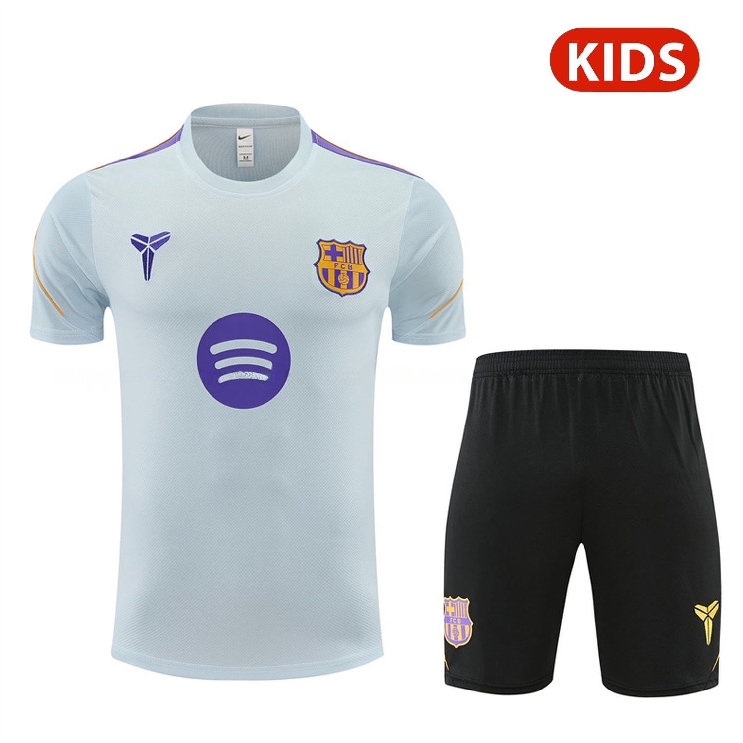 Barcelona 26-27 Kids Short-Sleeve Training Set - Light Grey Top & Black Shorts - JerseysGala