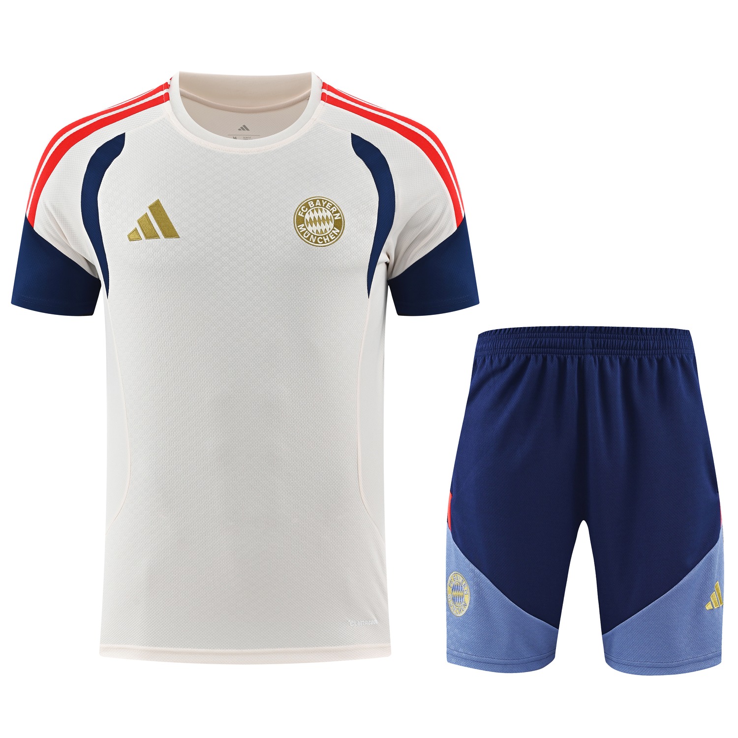 Bayern Munich 26-27 Short-Sleeve Training Set - Cream Top & Deep Blue With Light Blue Accents Shorts - JerseysGala