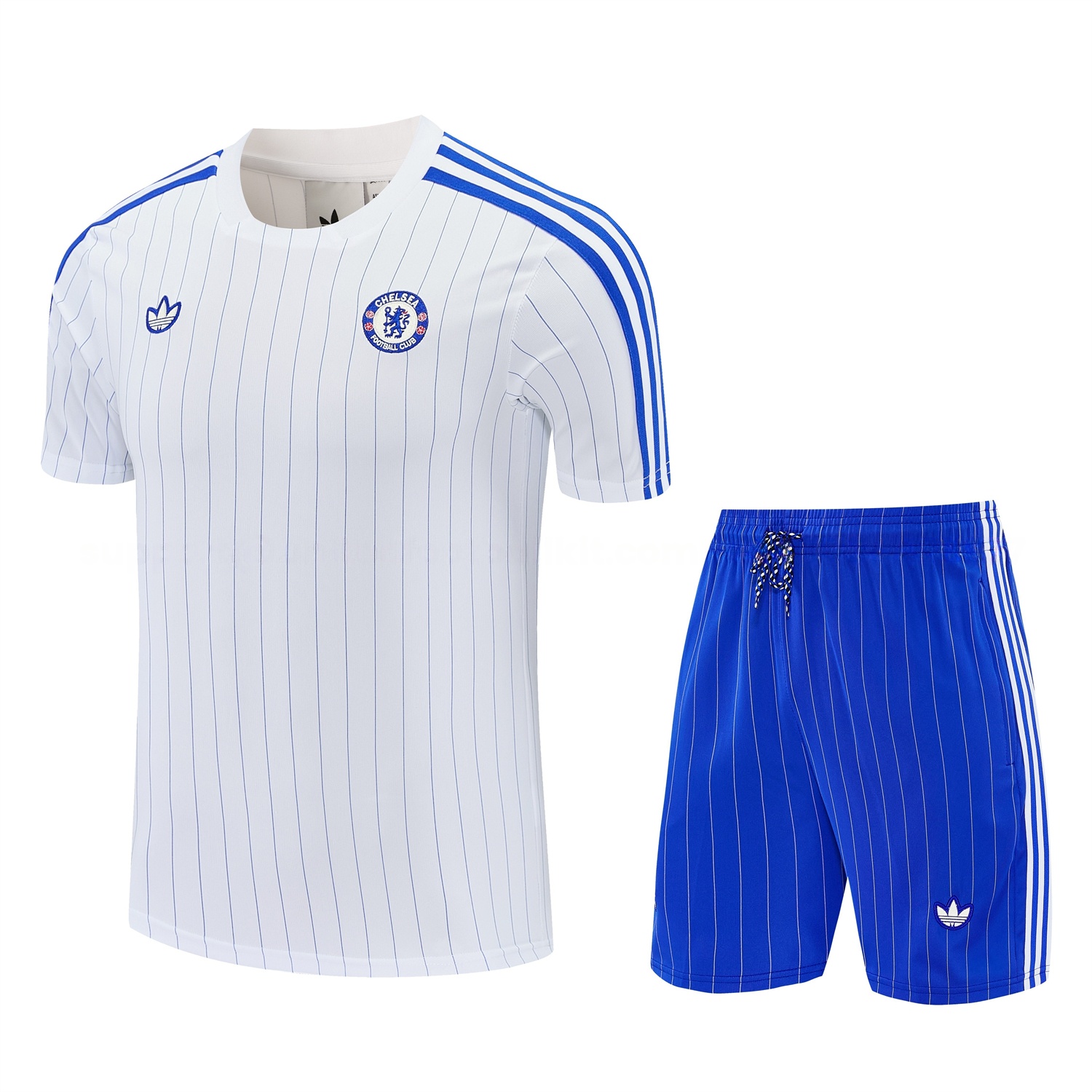 C.H.E.L.S.E.A 25-26 Retro Style Short-Sleeve Training Set - White Top & Blue Stripes Pants - JerseysGala