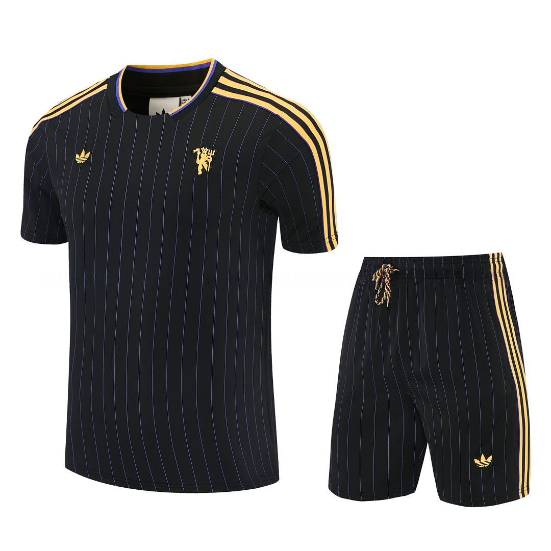 Manchester United 25-26 Retro Style Short-Sleeve Training Set - Black With Yellow Accents Top & Pants - JerseysGala
