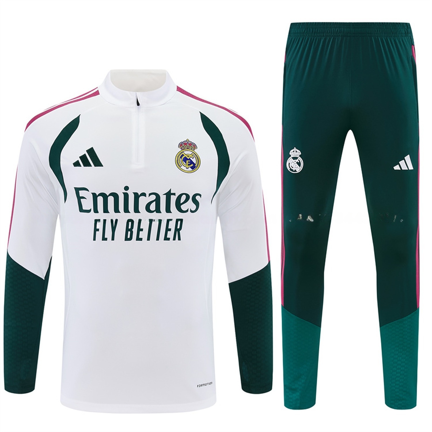 Real Madrid 26-27 Long Sleeve Training Set - White Top & Dark Green Pants - JerseysGala