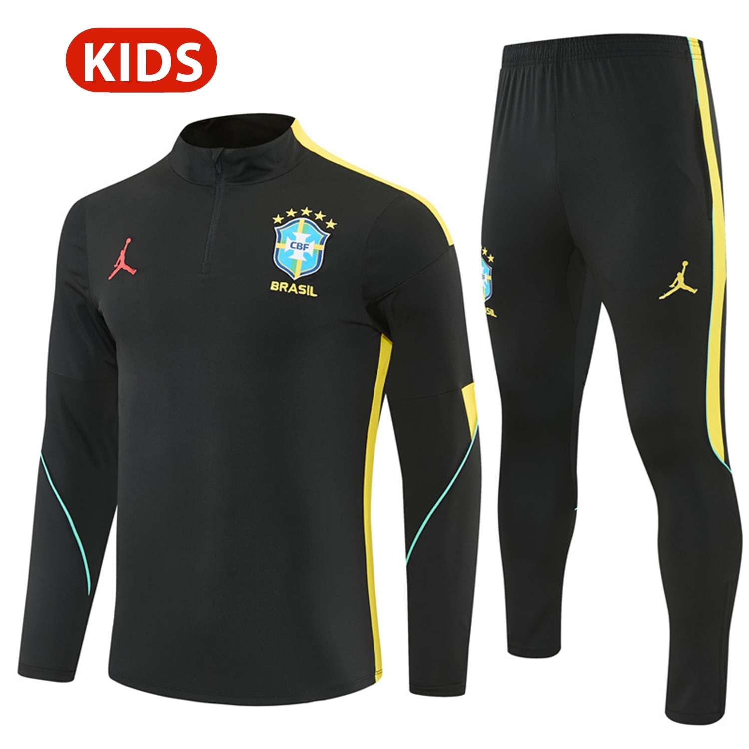 Brazil X JD 2026 Kids Long Sleeves Training Set - Black Top And Black Yellow Pants - JerseysGala