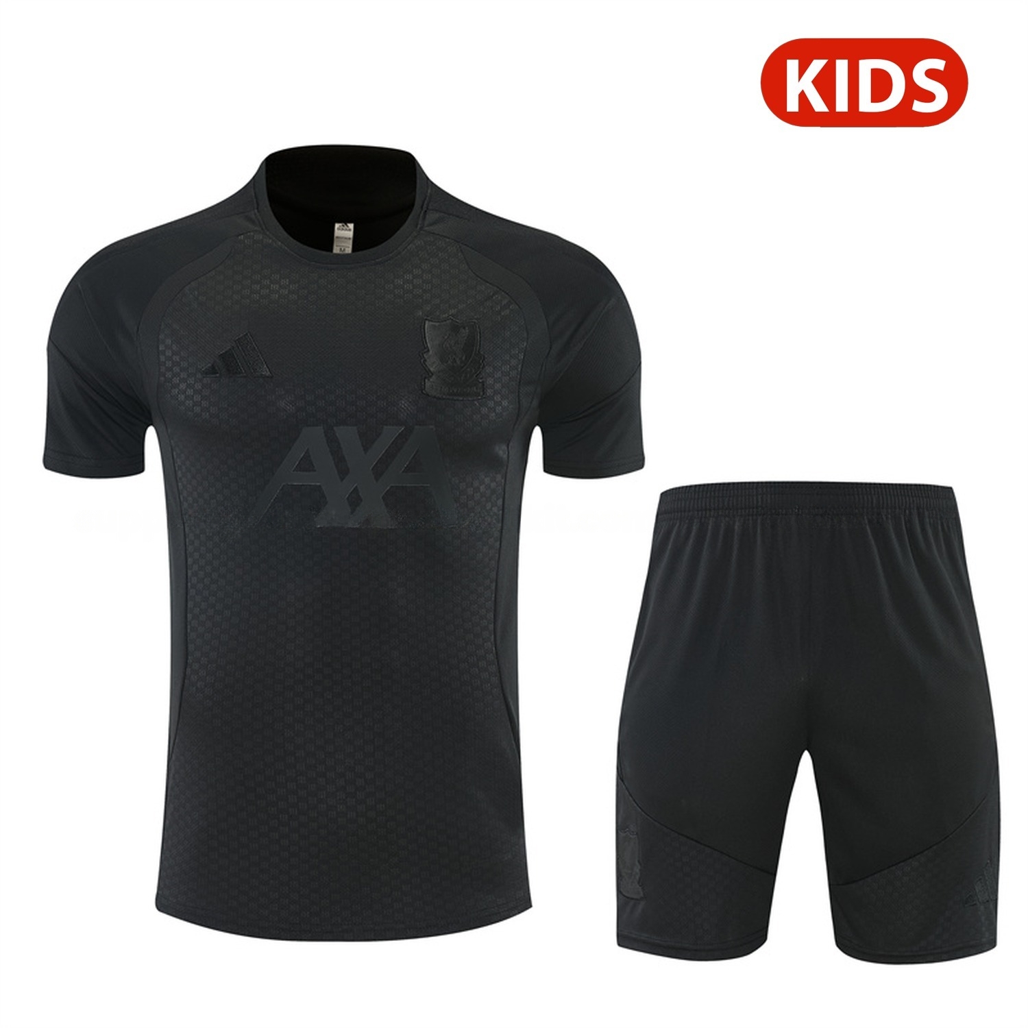 Liver.pool 26-27 Kids Short-Sleeve Training Set - Pure Black Top & Black Shorts - JerseysGala