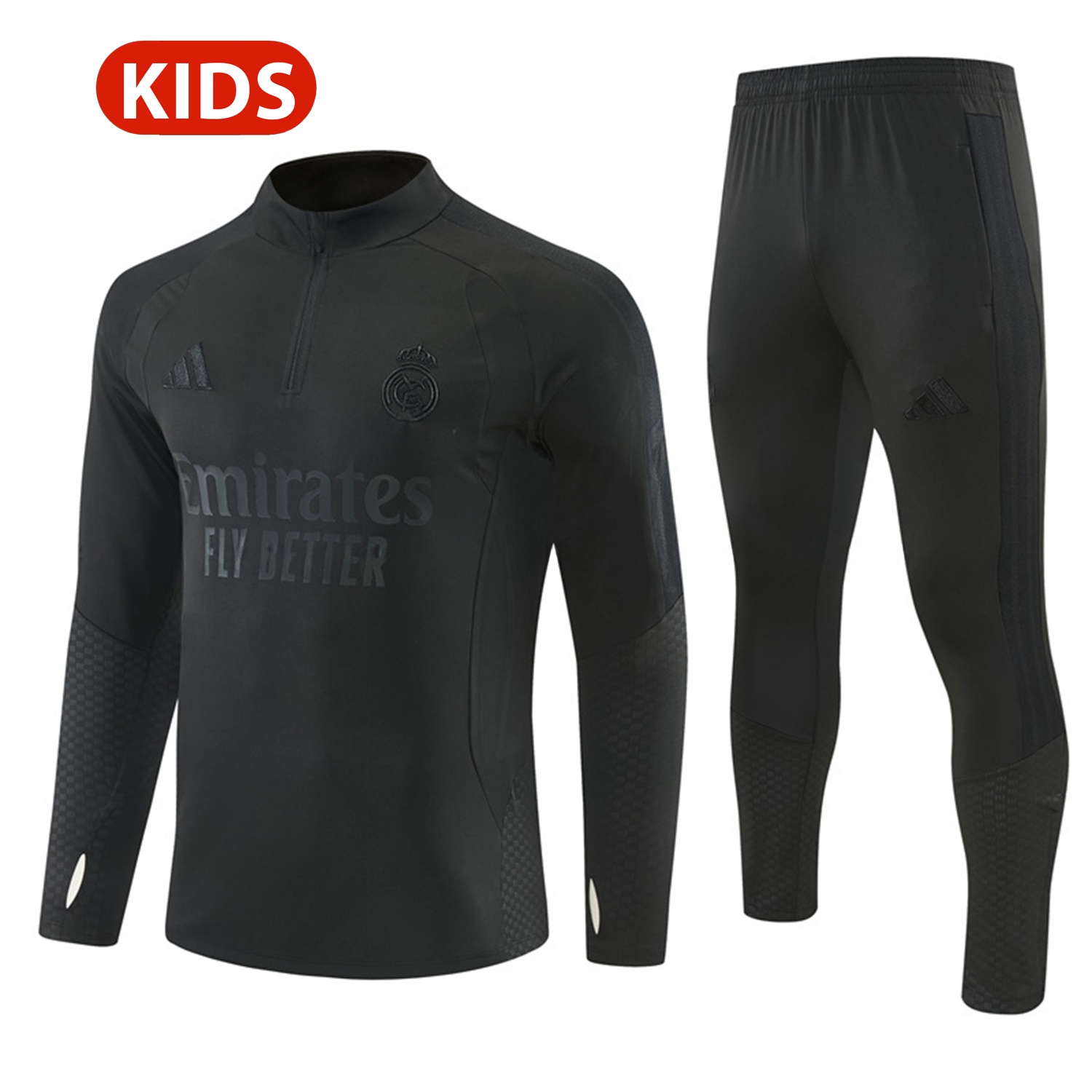 Real Madrid 26-27 Kids Long Sleeves Training Set - Pure Black Top And Pants - JerseysGala
