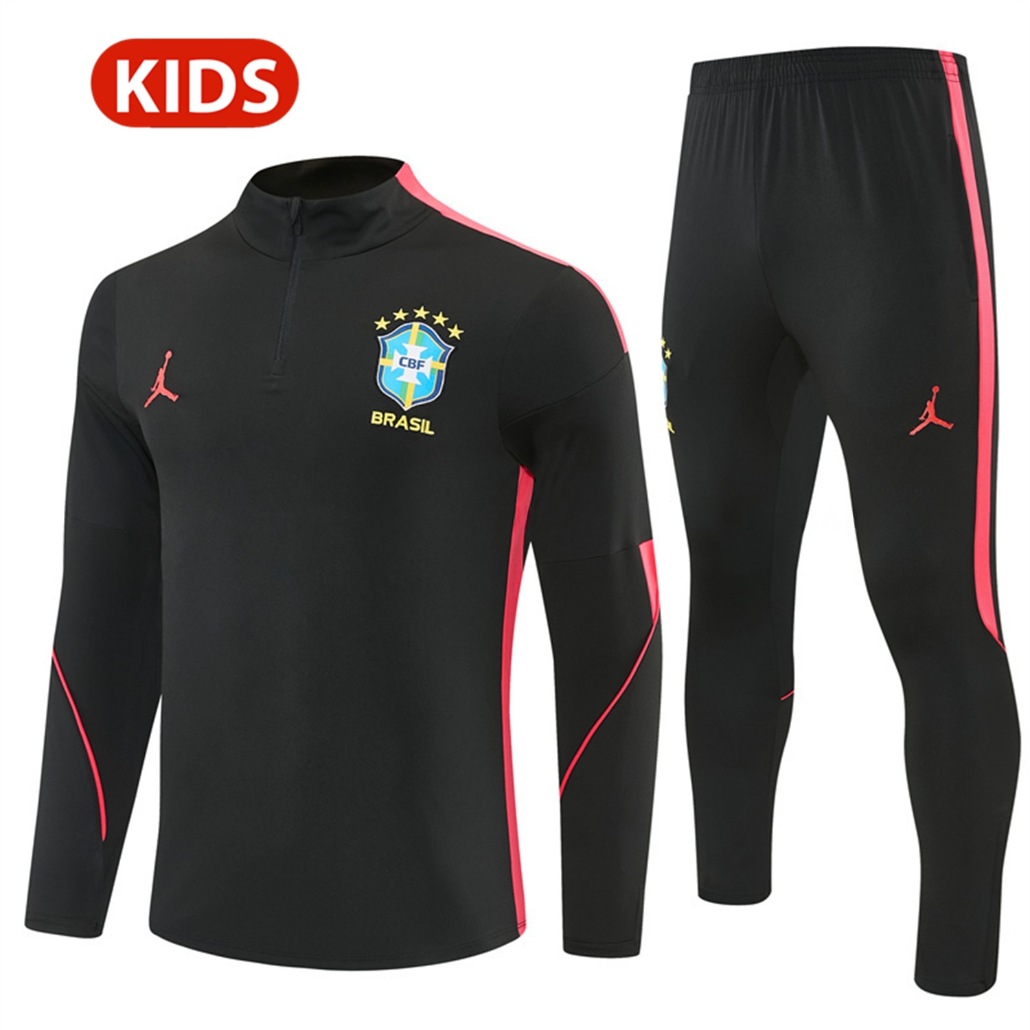 Brazil X JD 2026 Kids Long Sleeves Training Set - Black Top And Black Orange Pants - JerseysGala