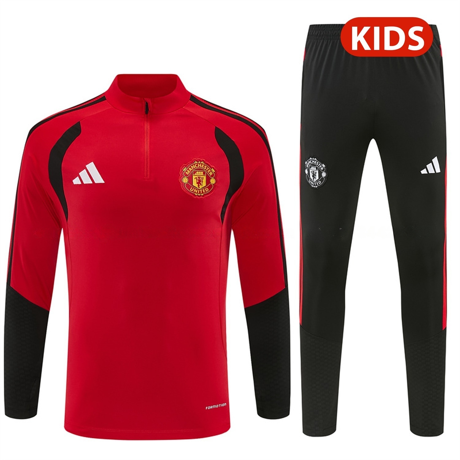 Manchester United 26-27 Kids Long Sleeve Training Set - Red Top & Black Pants - JerseysGala