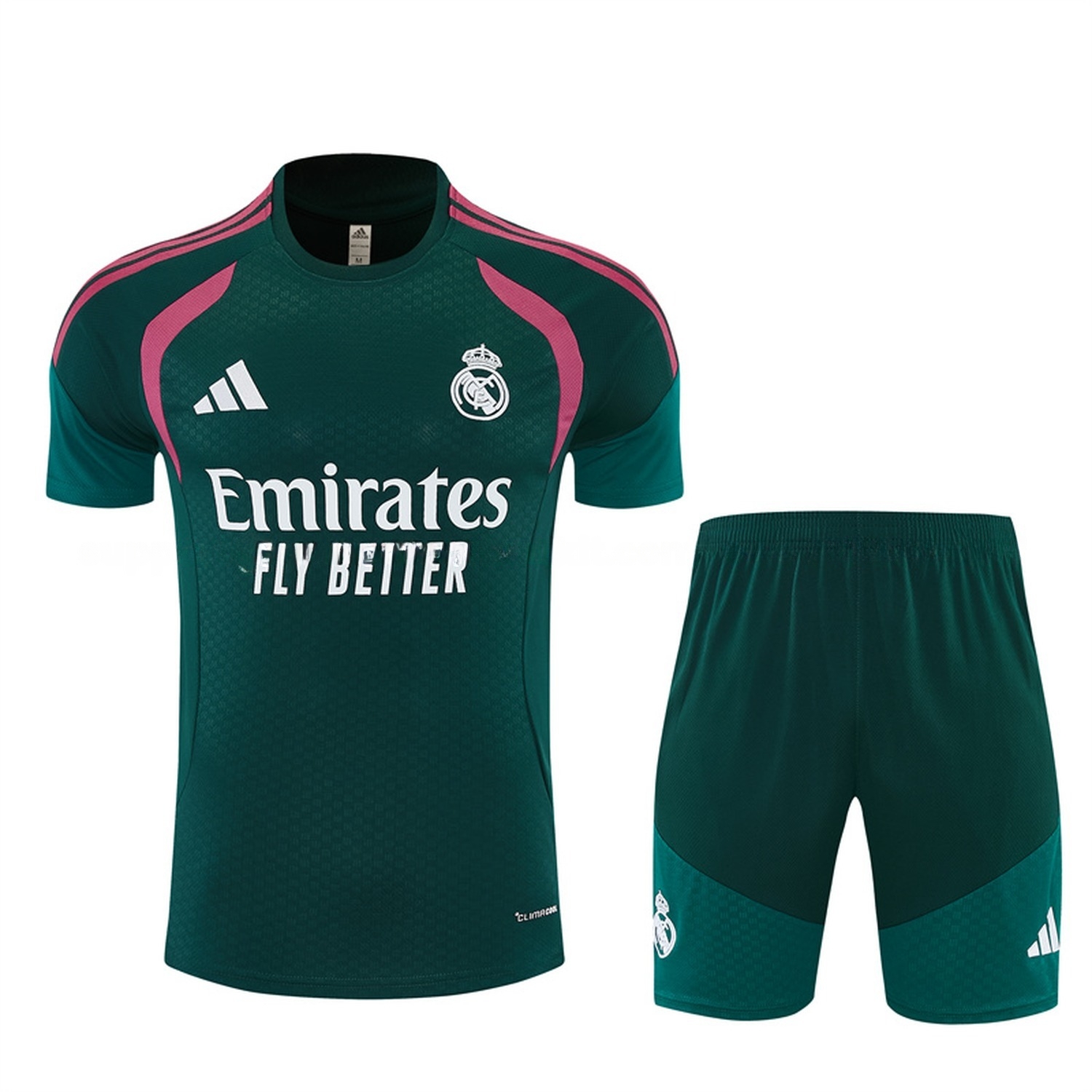 Real Madrid 26-27 Rose Red Stripes Short-Sleeve Training Set - Dark Green Top & Dark Green Shorts - JerseysGala