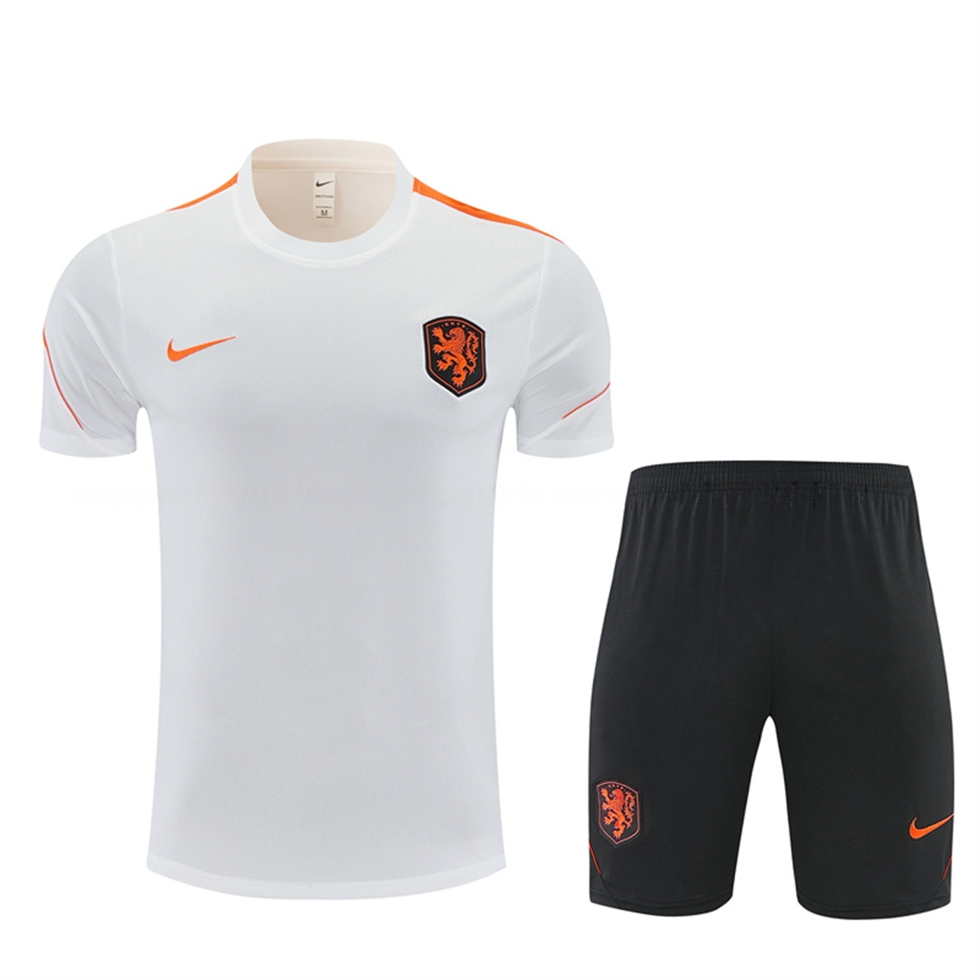 Netherlands 2026 Short-Sleeve Training Set - White With Orange Top & Black With Orange Pants - JerseysGala