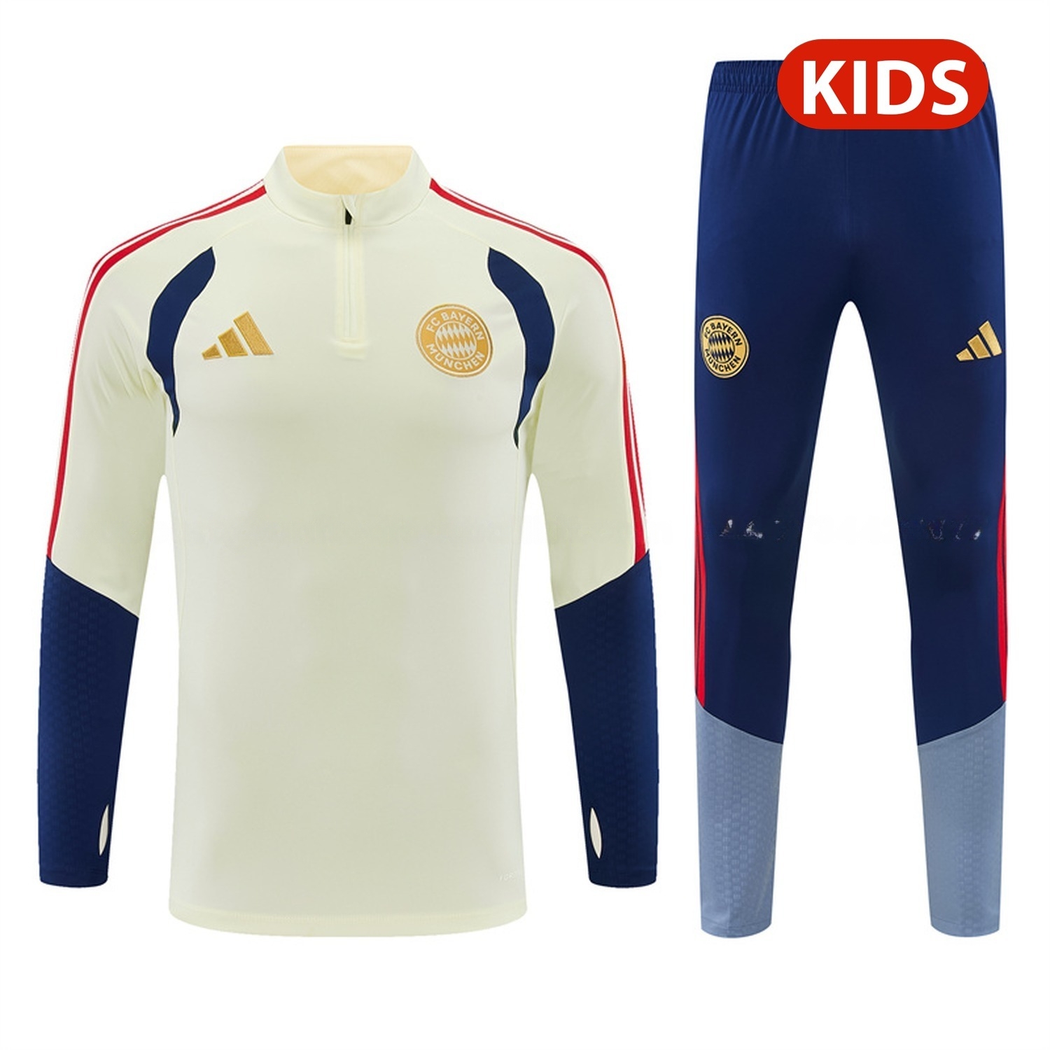 Bayern Munich 26-27 Kids Long Sleeve Training Set - Cream Top & Deep Blue Pants - JerseysGala