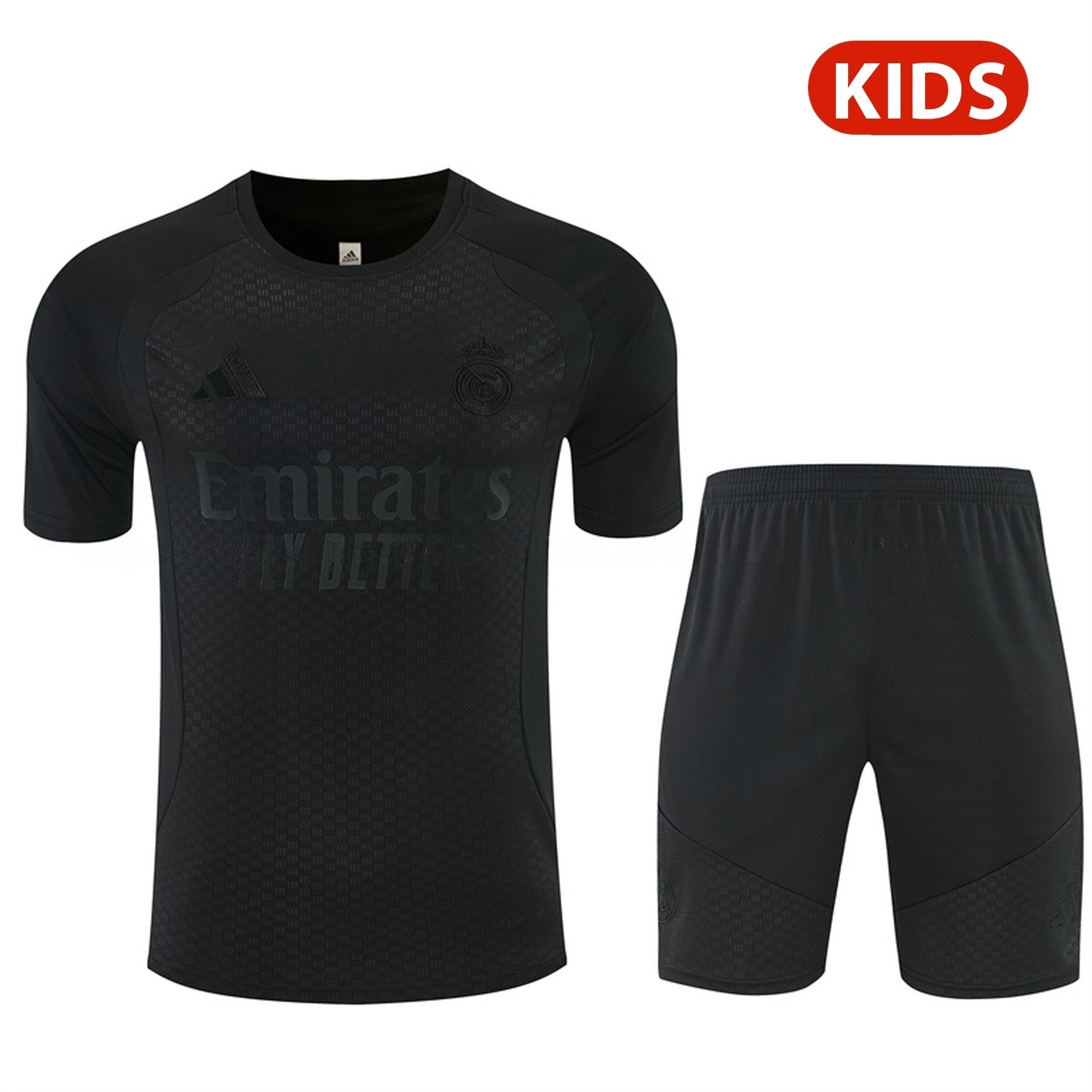 Real Madrid 26-27 Kids Short-Sleeve Training Set - Pure Black Top & Black Shorts - JerseysGala