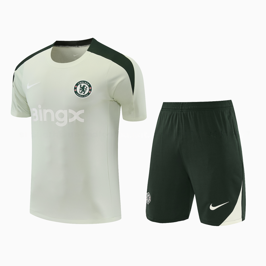 C.H.E.L.S.E.A 25-26 Short-Sleeve Training Set - Light Gray With Dark Green Accents Top & Dark Green Pants - JerseysGala