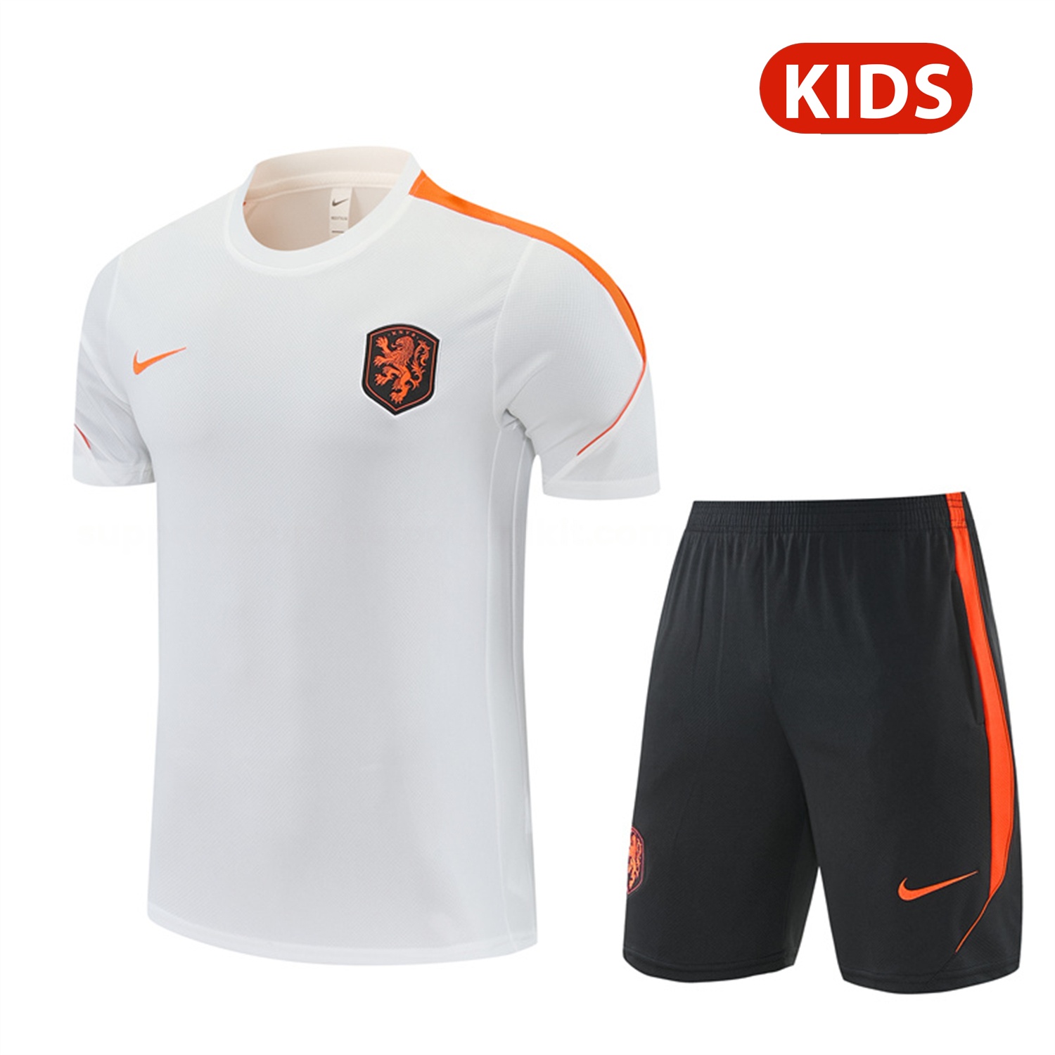 Netherlands 2026 Kids Short-Sleeve Training Set - White With Orange Top & Black With Orange Pants - JerseysGala