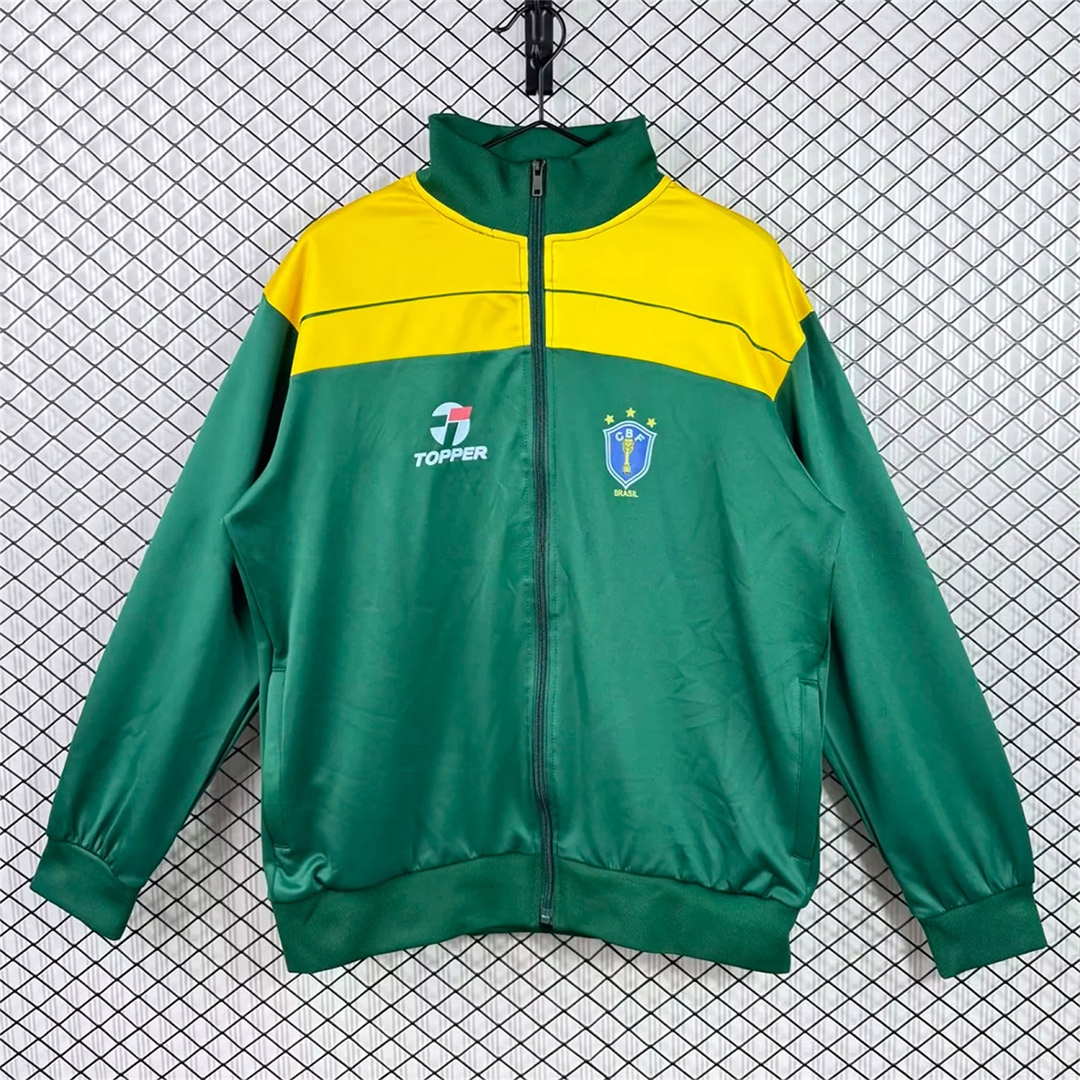 Retro Brazil 1982 Green With Yellow Band Windbreaker Jacket - JerseysGala