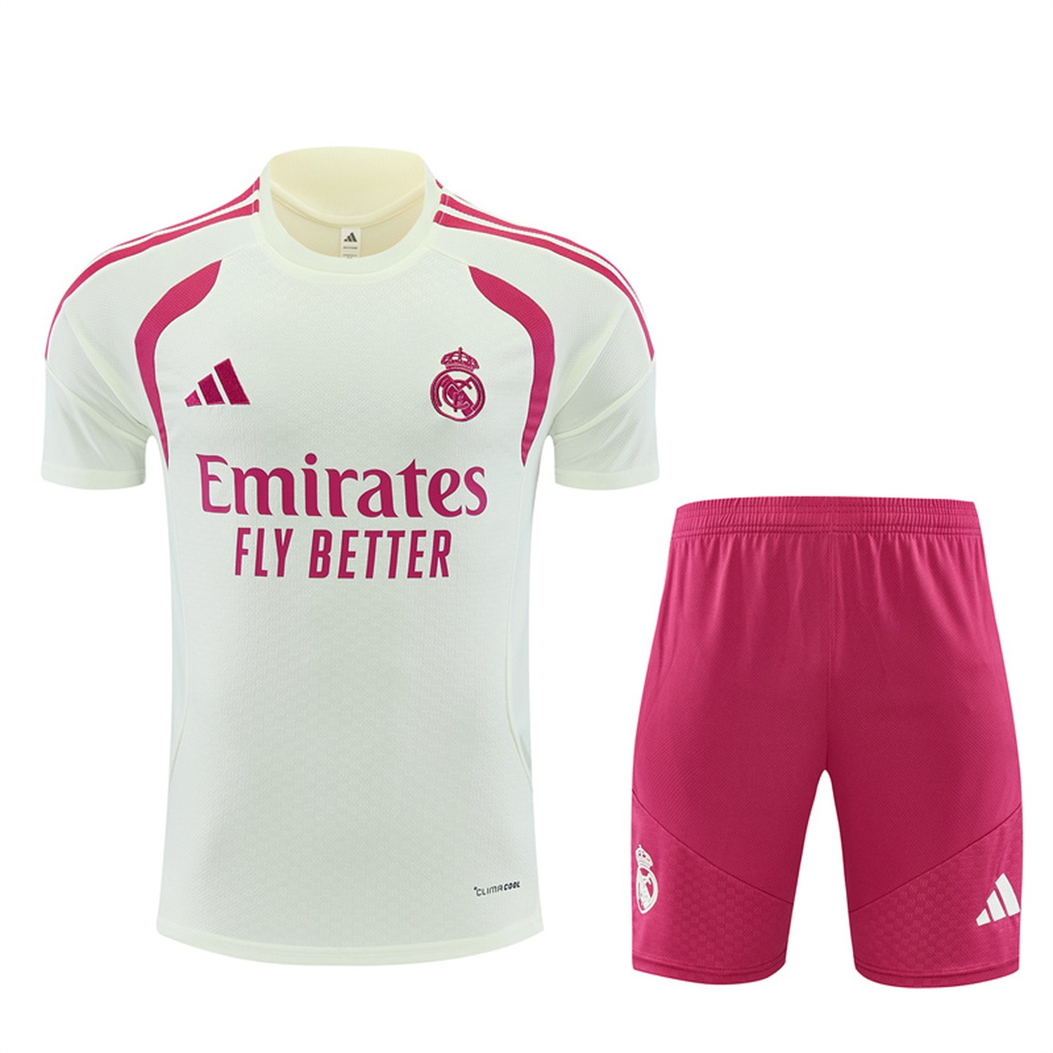 Real Madrid 26-27 Kids Short-Sleeve Training Set - Cream Top & Rose Red Shorts - JerseysGala