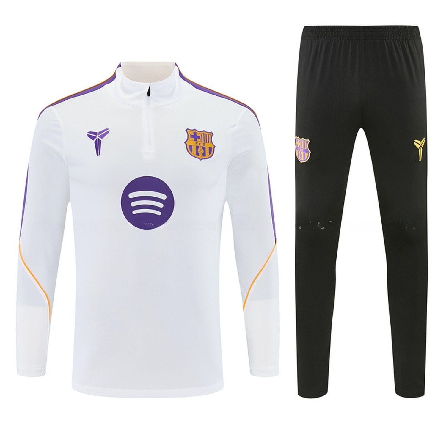 Barcelona 26-27 Purple Trim Long Sleeve Training Set - White Top & Black Pants - JerseysGala