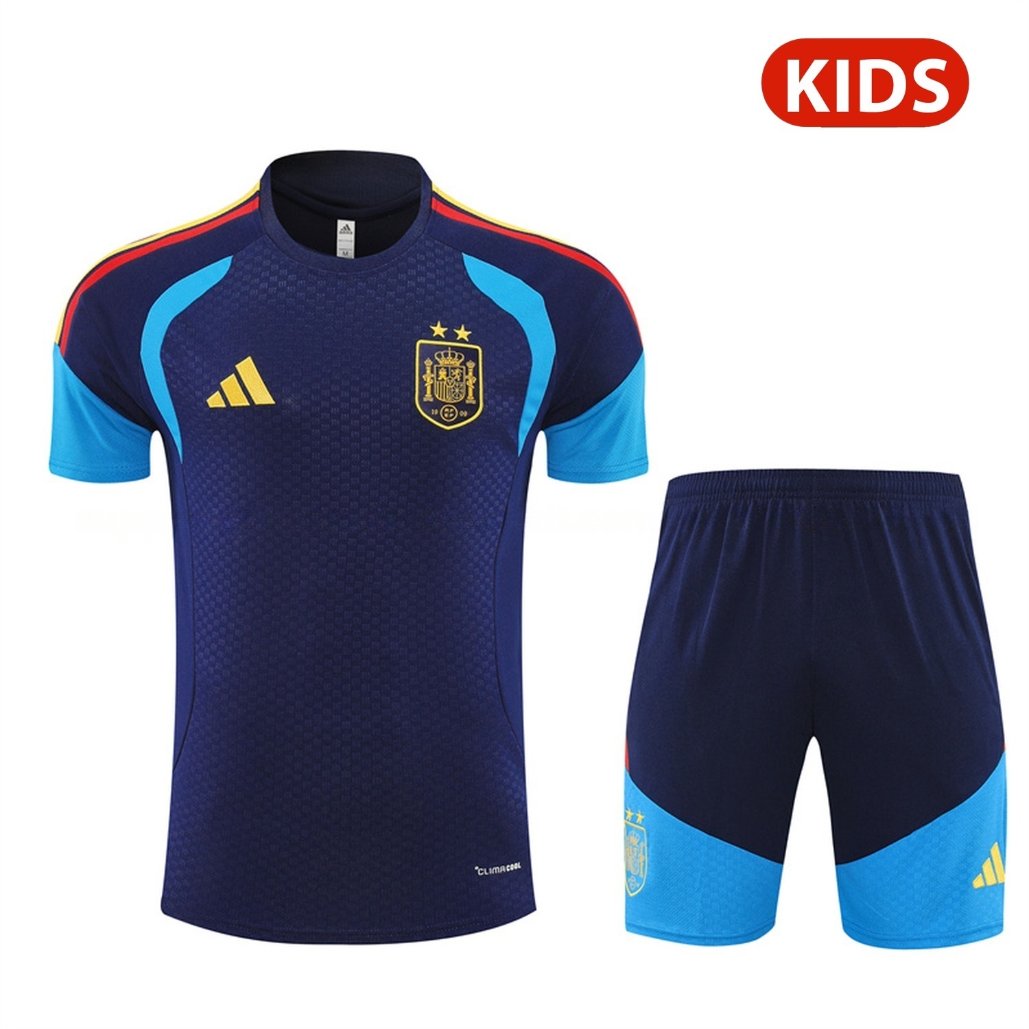 Spain 2026 Kids Short-Sleeve Training Set - Deep Blue Top & Deep Blue Shorts - JerseysGala