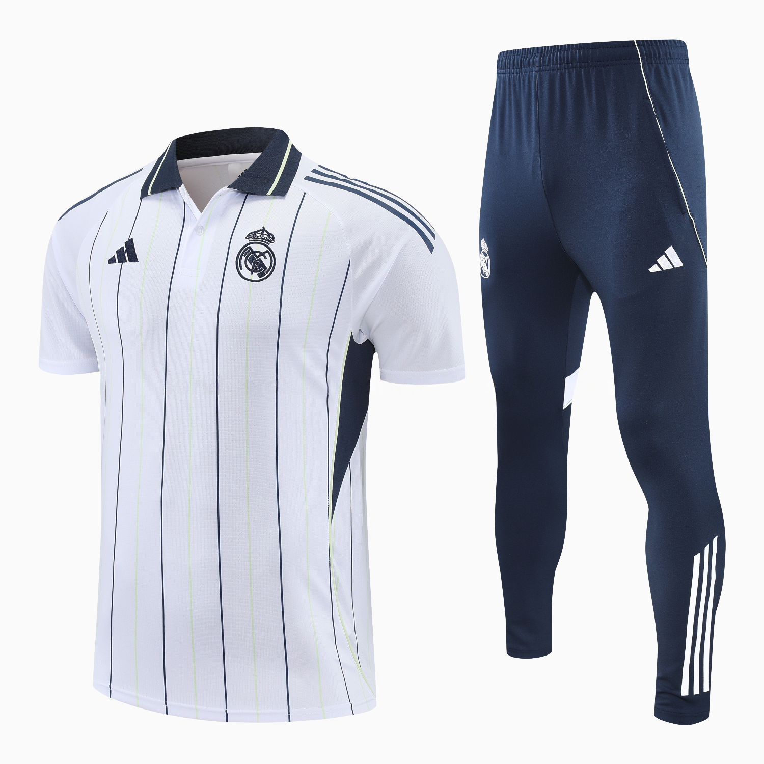 Real Madrid 25-26 POLO Short-Sleeve Training Set - Black Line White Top and Black Pants - JerseysGala