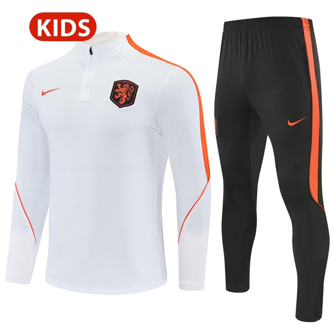 Netherlands 2026 Kids Long Sleeves Training Set - White With Orange Accents Top & Black Pants - JerseysGala