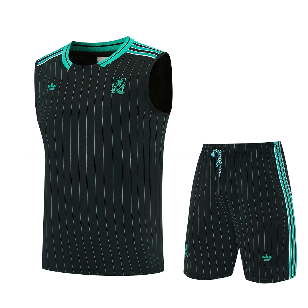 Liver.pool 25-26 Retro Style Vest Training Set - Black With Turquoise Stripes Top & Pants - JerseysGala