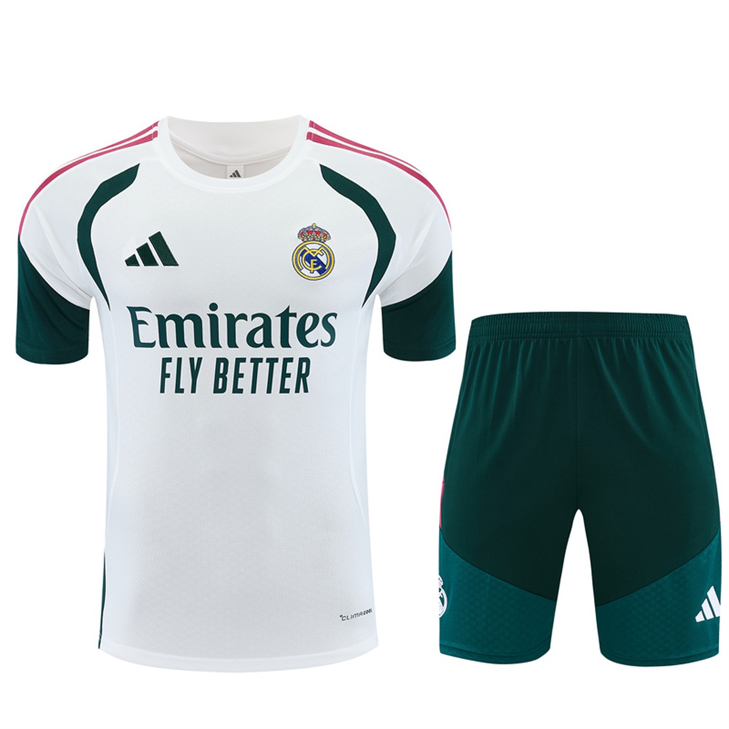Real Madrid 26-27 Kids Short-Sleeve Training Set - White Top & Dark Green Shorts - JerseysGala