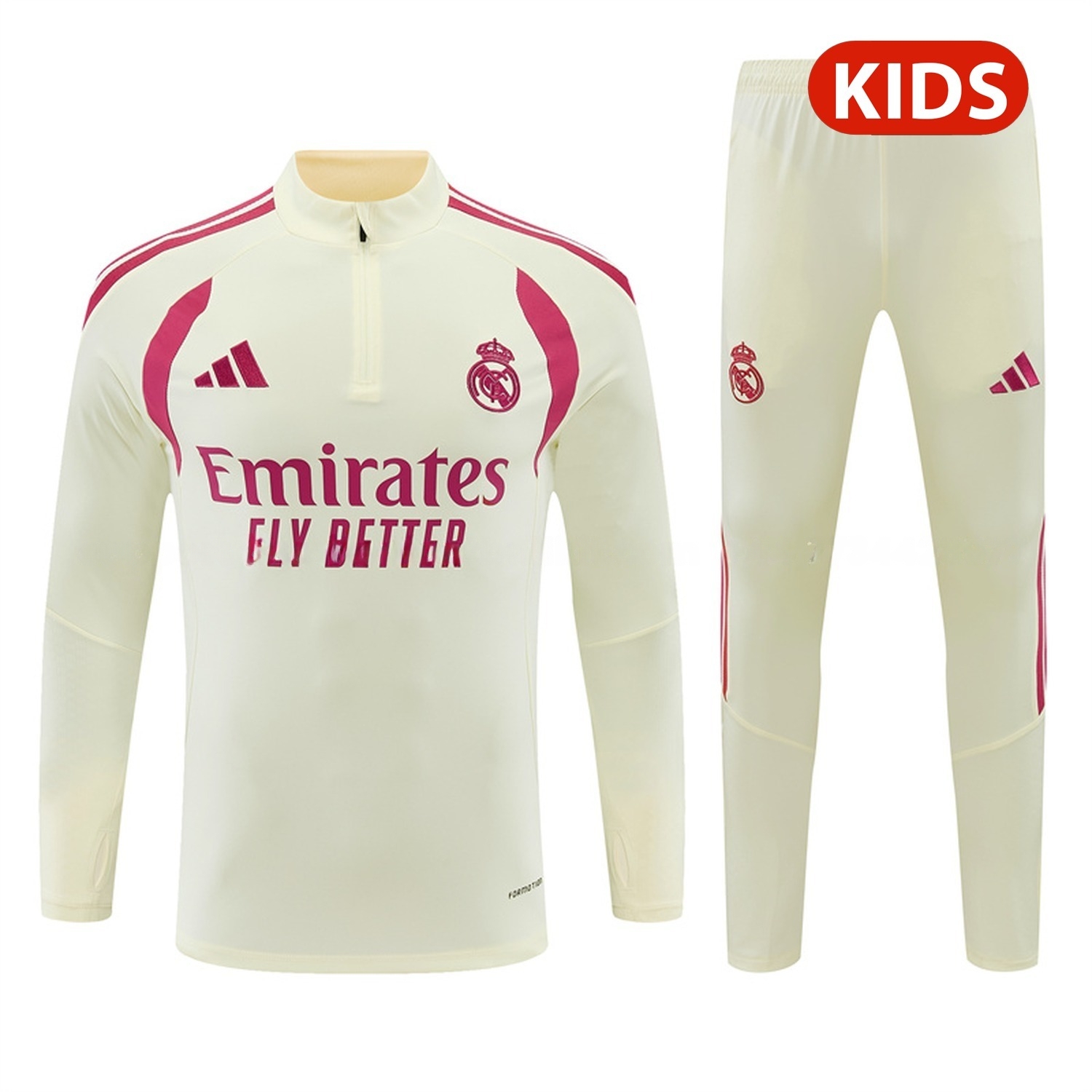 Real Madrid 26-27 Kids Long Sleeve Training Set - Cream Top & Cream Pants - JerseysGala