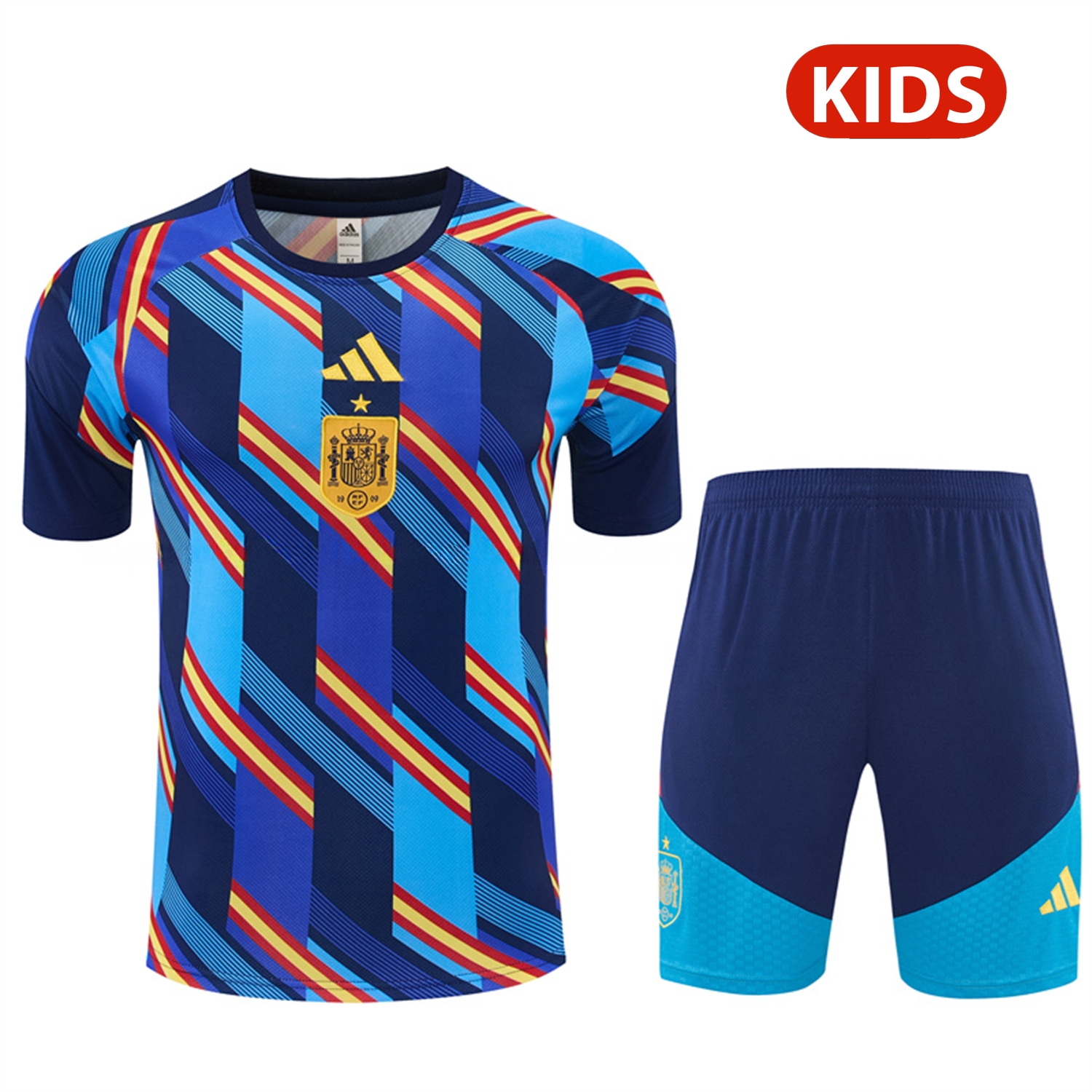 Spain 2026 Kids Short-Sleeve Training Set - Royal Blue And Yellow Top & Royal Blue Shorts - JerseysGala
