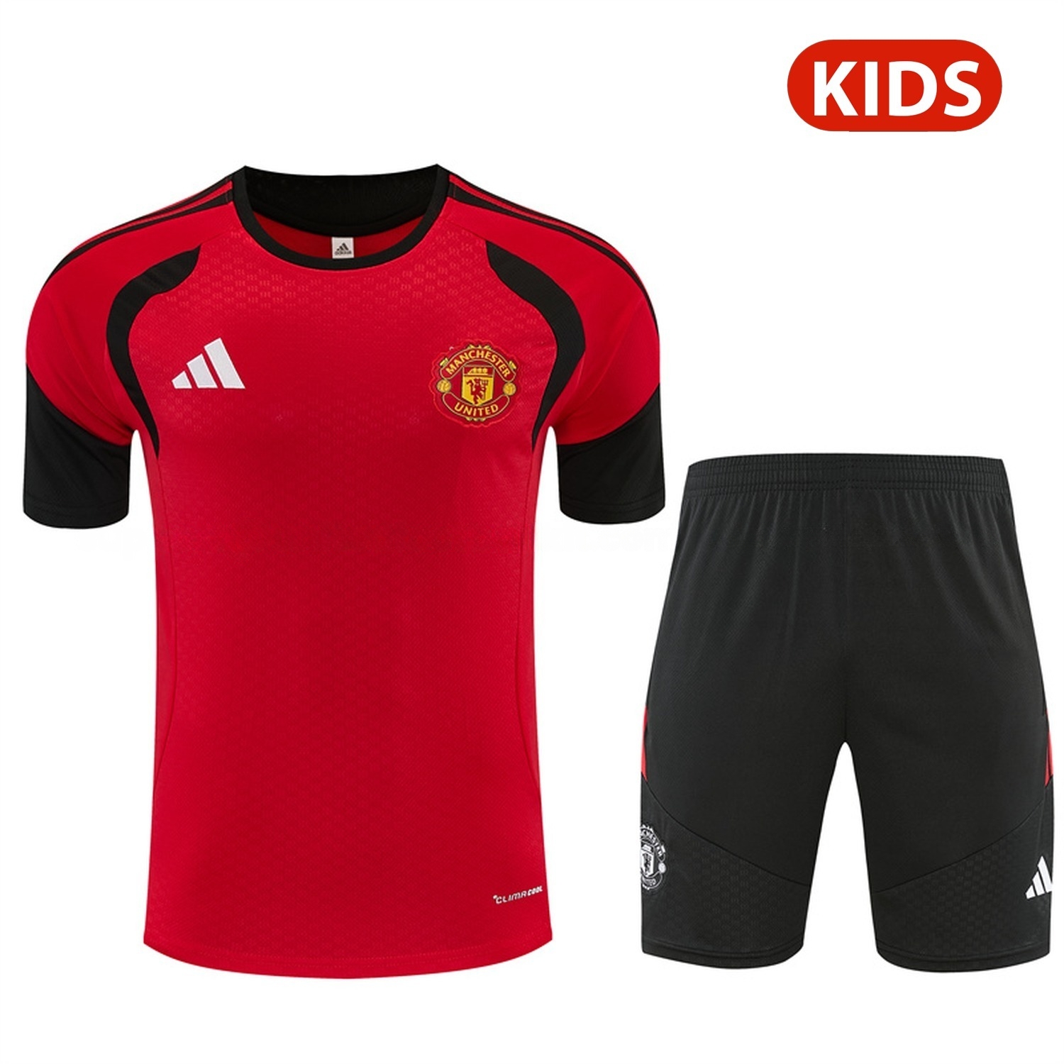 Manchester United 26-27 Kids Short-Sleeve Training Set - Red Top & Black Shorts - JerseysGala