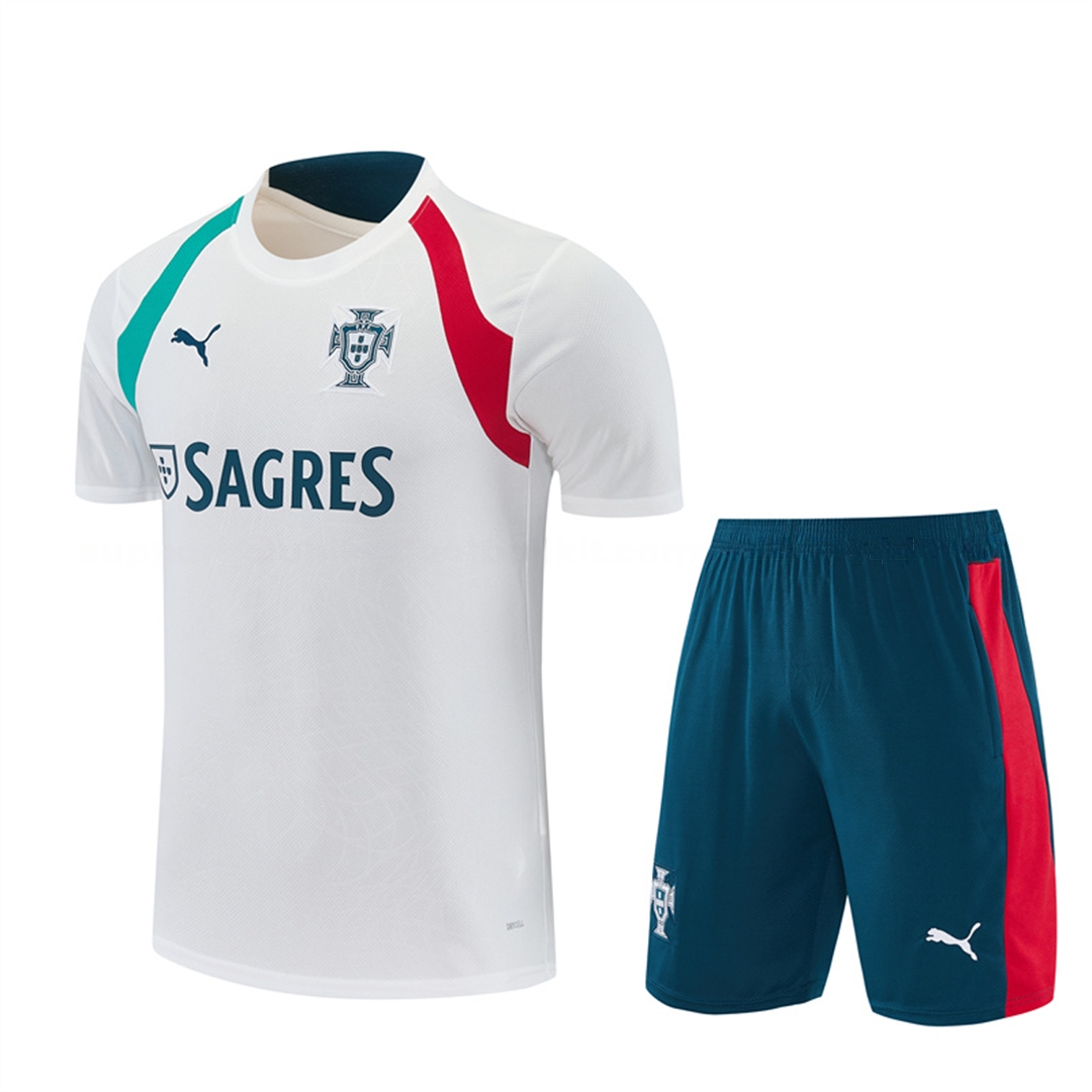Portugal 2026 Short-Sleeve Training Set - White With Red And Green Accents Top & Dark Blue With A Red Stripe Pants - JerseysGala