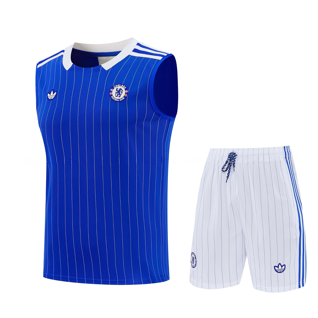 C.H.E.L.S.E.A 25-26 Retro Style Vest Training Set - Blue Top & White With Blue Stripes Pants - JerseysGala