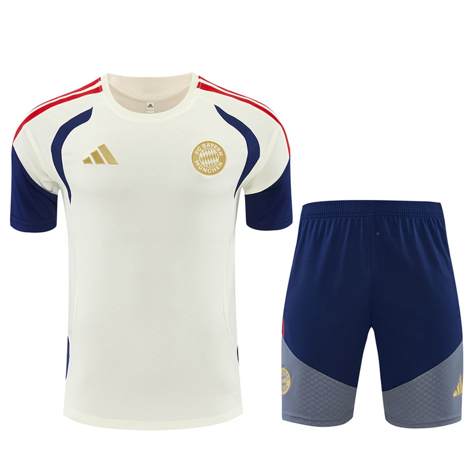 Bayern Munich 26-27 Short-Sleeve Training Set - Cream Top & Deep Blue Shorts - JerseysGala