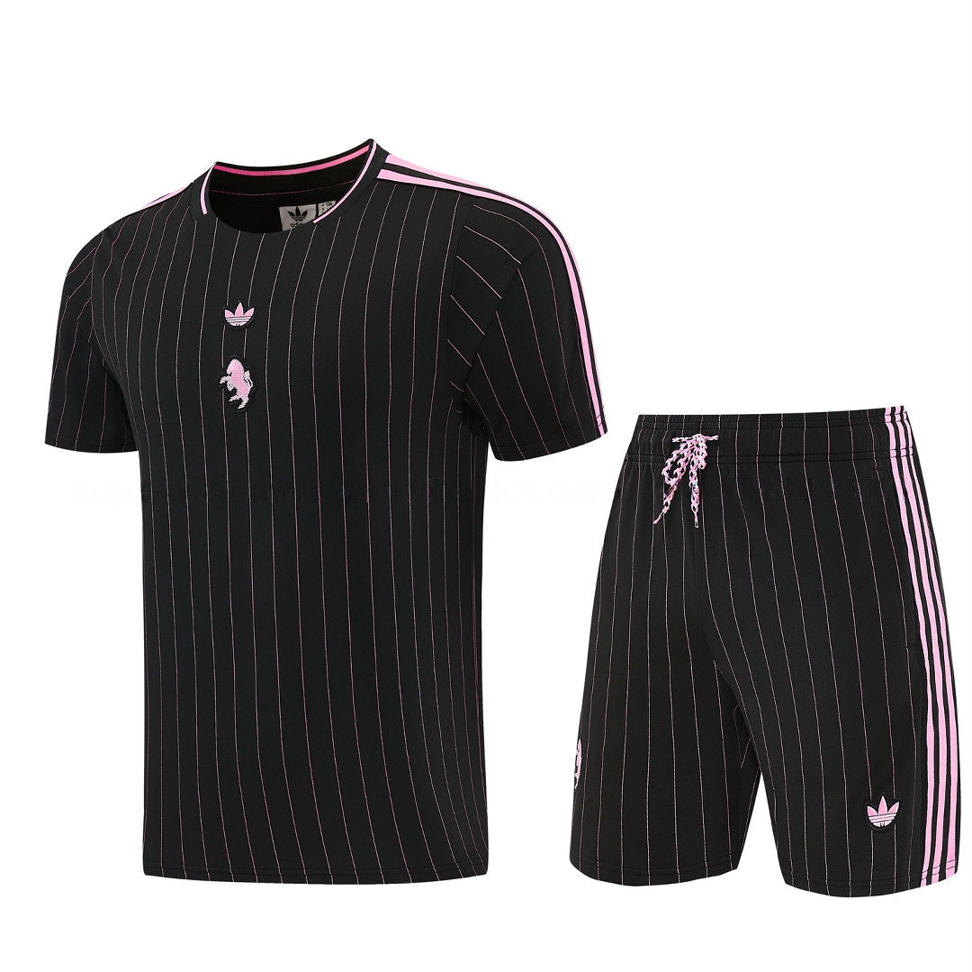 Juventus 26-27 Short-Sleeve Training Set - Pink Lines Black Top & Shorts - JerseysGala