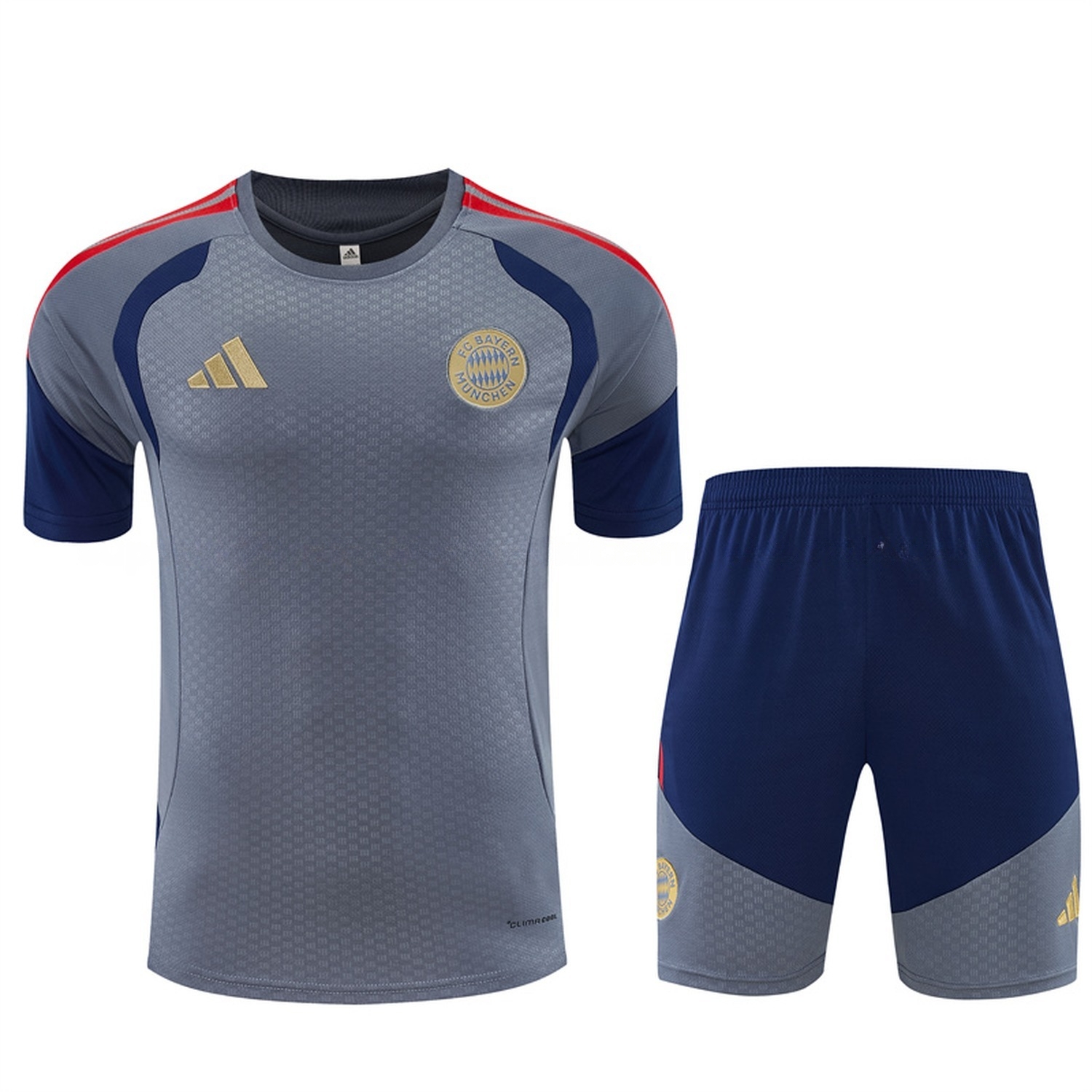 Bayern Munich 26-27 Short-Sleeve Training Set - Grey Top & Deep Blue Shorts - JerseysGala