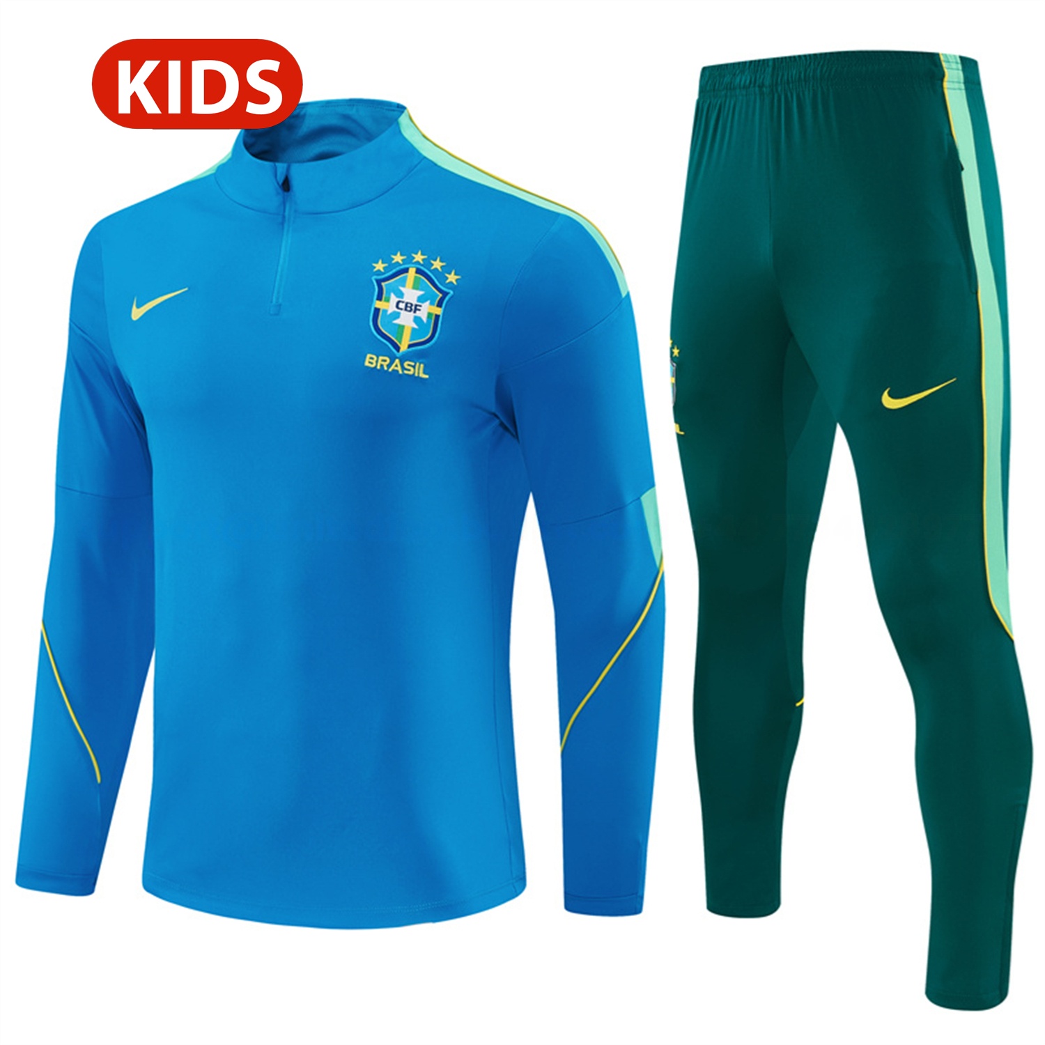 Brazil 2026 Kids Long Sleeve Training Set - Sky Blue Top & Dark Green Pants - JerseysGala